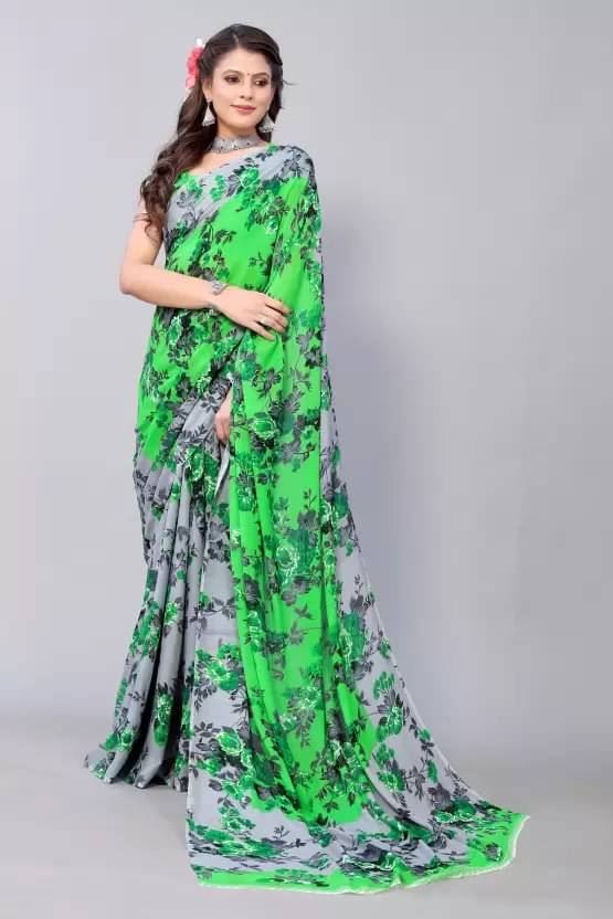 Samai Georgette Printed Saree With Unstitched Blouse Piece ( Green ) Samai Georgette Printed Saree With Unstitched Blouse Piece ( Green )