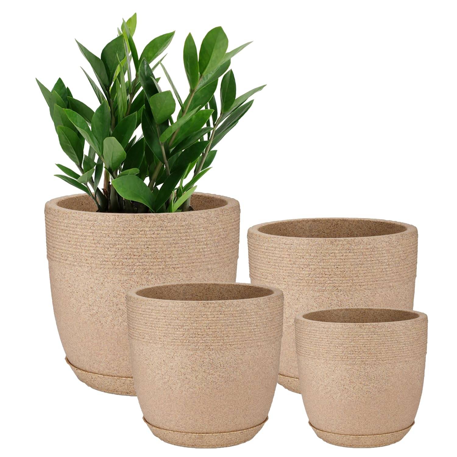     			Set of 4 Flower Pots with Drainage Hole and Tray, 10", 12", 15", 17" Sizes | Roto-Moulded Plastic Planters | for Indoor & Outdoor Use - Sand Stone