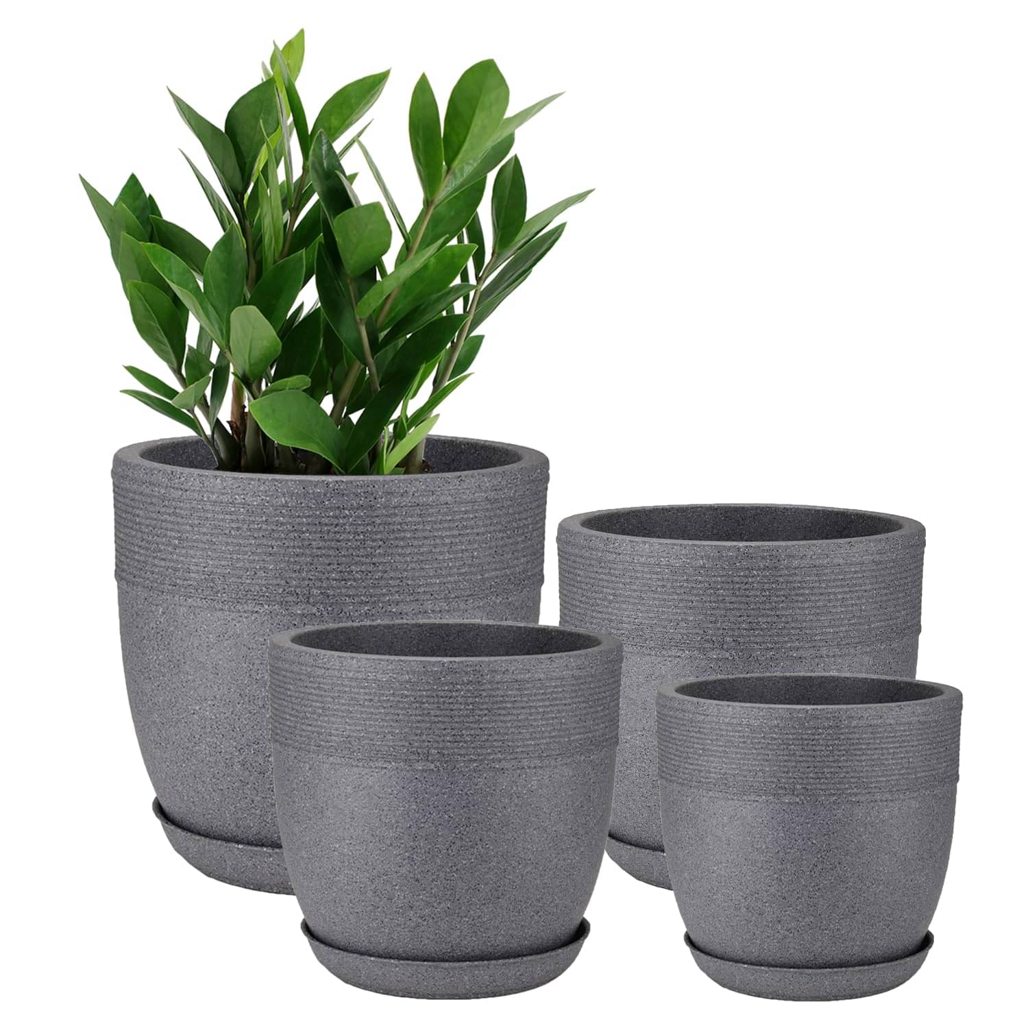     			Set of 4 Flower Pots with Drainage Hole and Tray, 10", 12", 15", 17" Sizes | Roto-Moulded Plastic Planters | for Indoor & Outdoor Use - Gray Granite