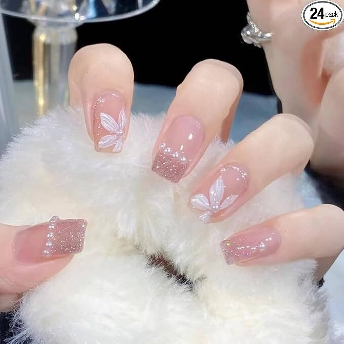 The Pink Truck Set of 24 Artificial Reusable Nails In Rose With Pearls And Flower Print     			The Pink Truck Set of 24 Artificial Reusable Nails In Rose With Pearls And Flower Print