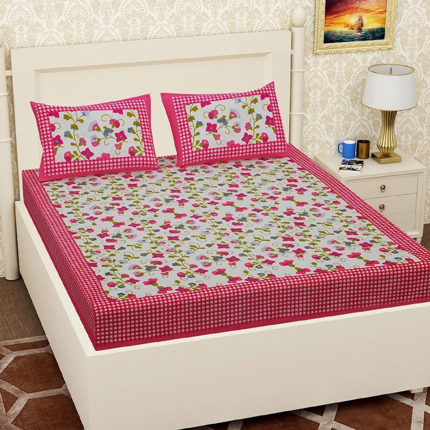     			WAR TRADE Cotton 1 Double Bedsheet with 2 Pillow Covers ( Pink )