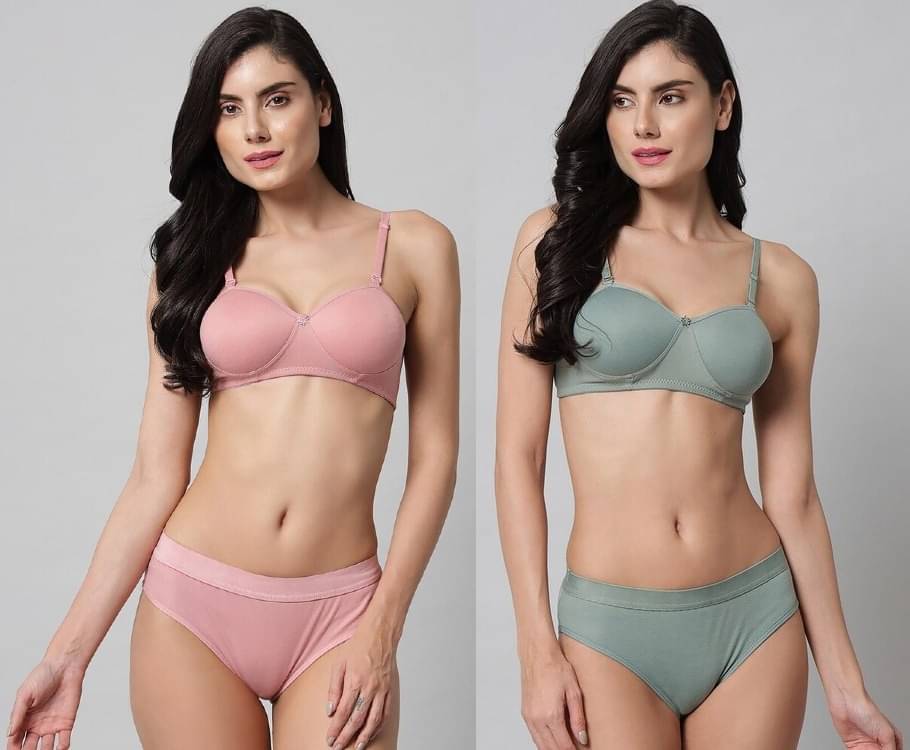 WildProducts Pack of 2 Cotton Blend Bra & Panty Set For Women ( Pink,Green )     			WildProducts Pack of 2 Cotton Blend Bra & Panty Set For Women ( Pink,Green )