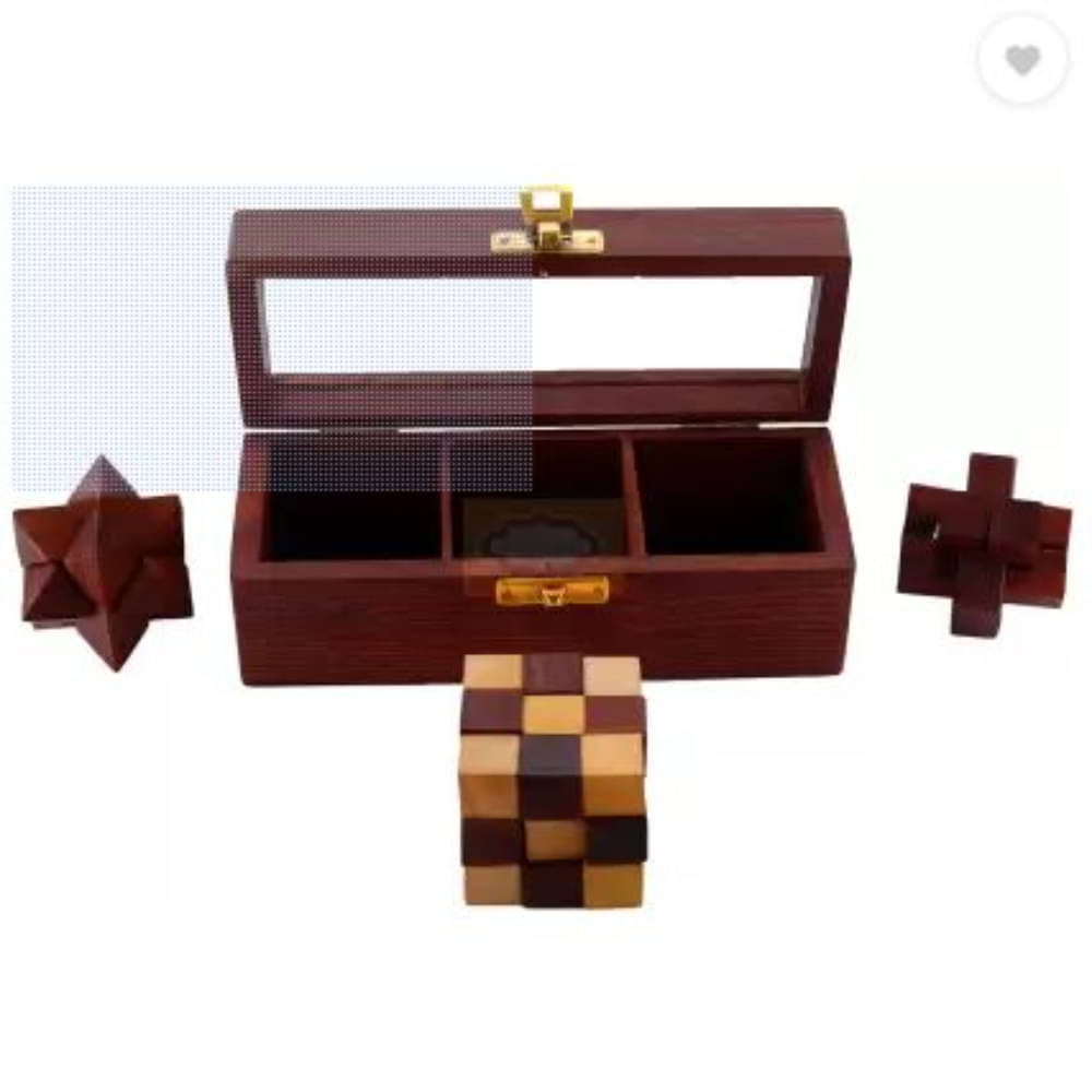     			Wooden Puzzle 3 In 1 Games Set, Includes Wood Interlocking Blocks, Diagonal Burr, And Snake Cube In 7.25 X 2.8 X 1.5 Inches Storage Box
