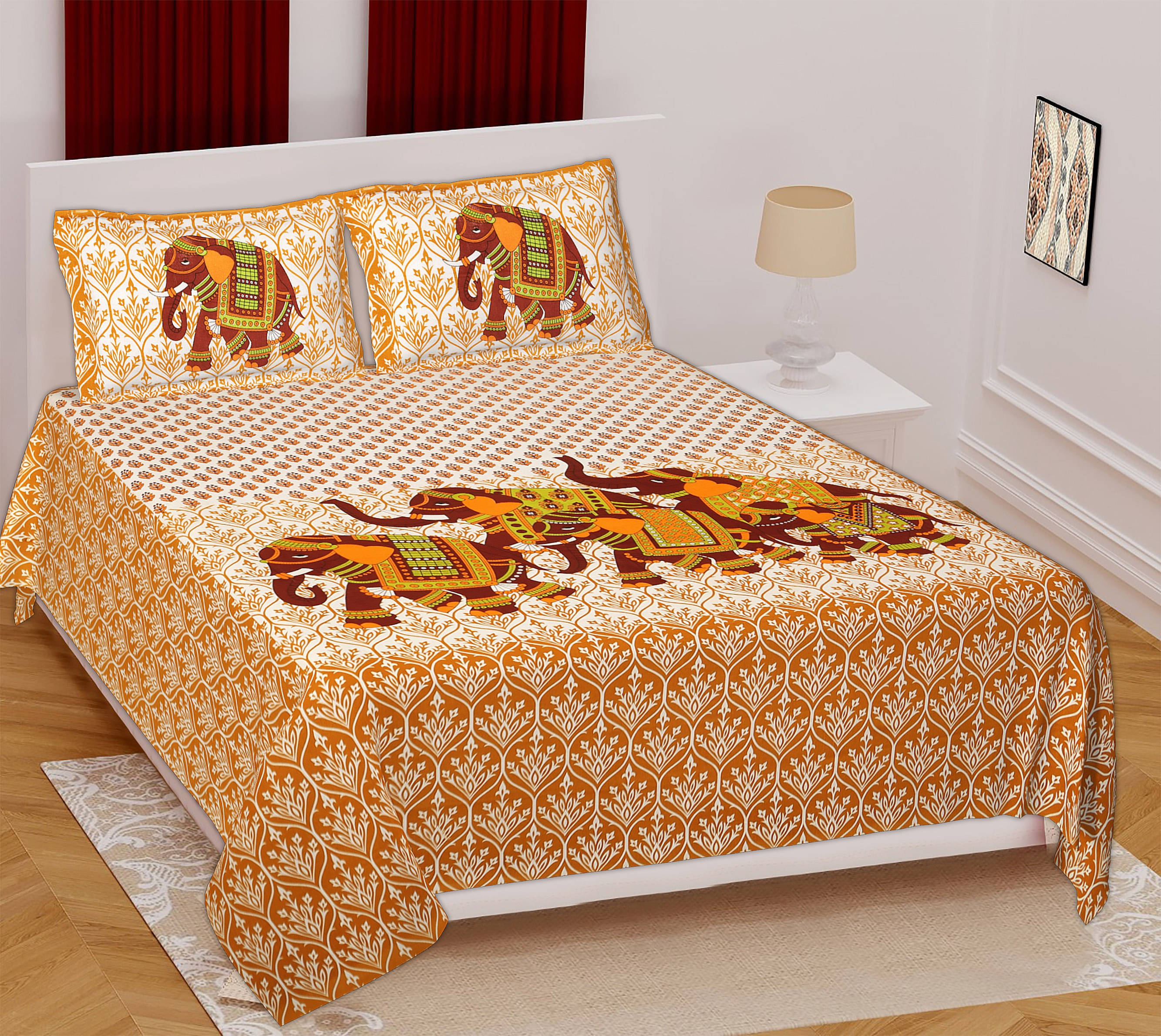     			Batham Handloom Cotton 1 Double Bedsheet with 2 Pillow Covers ( Orange )