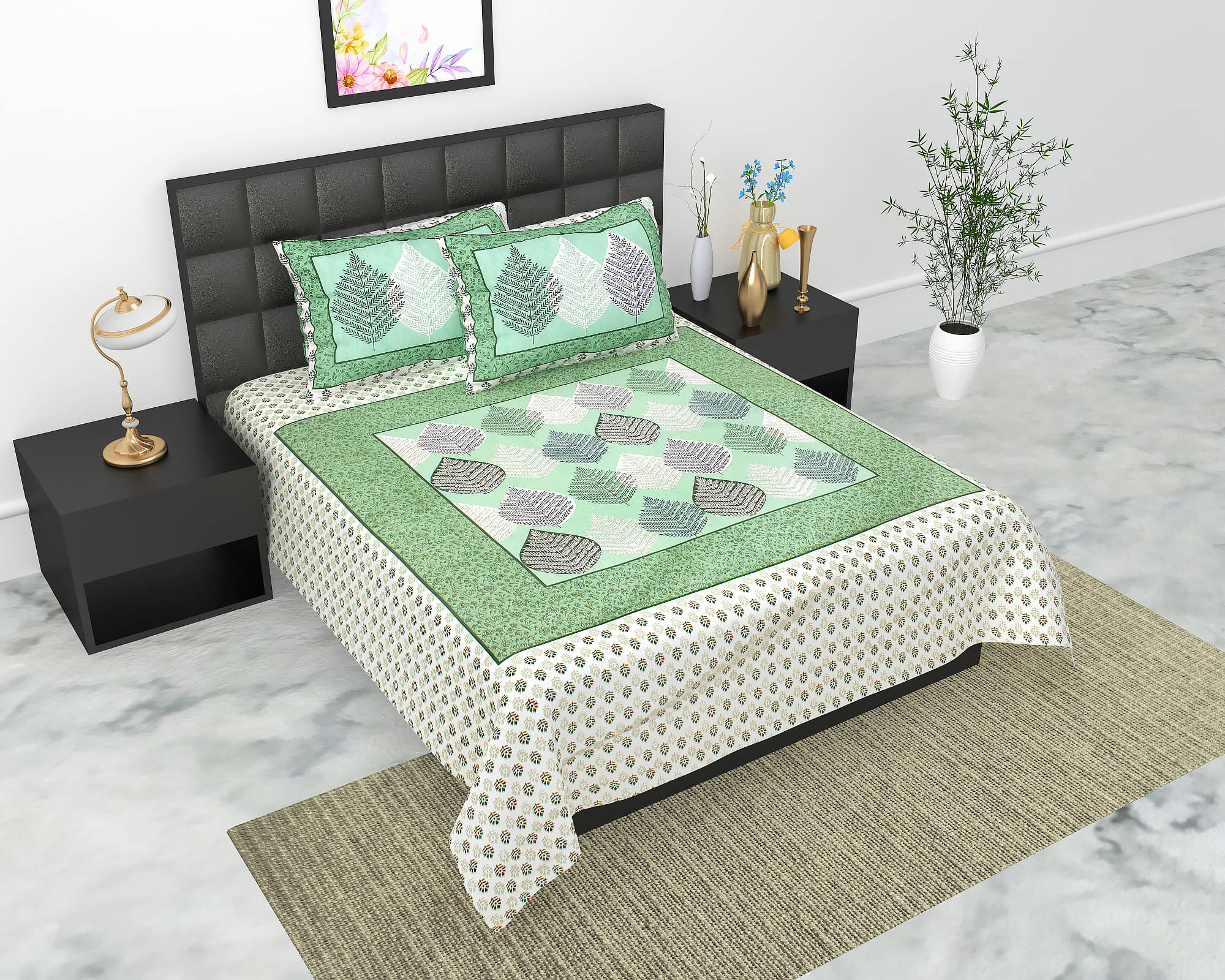     			Batham Handloom Cotton 1 Double Bedsheet with 2 Pillow Covers ( Green )