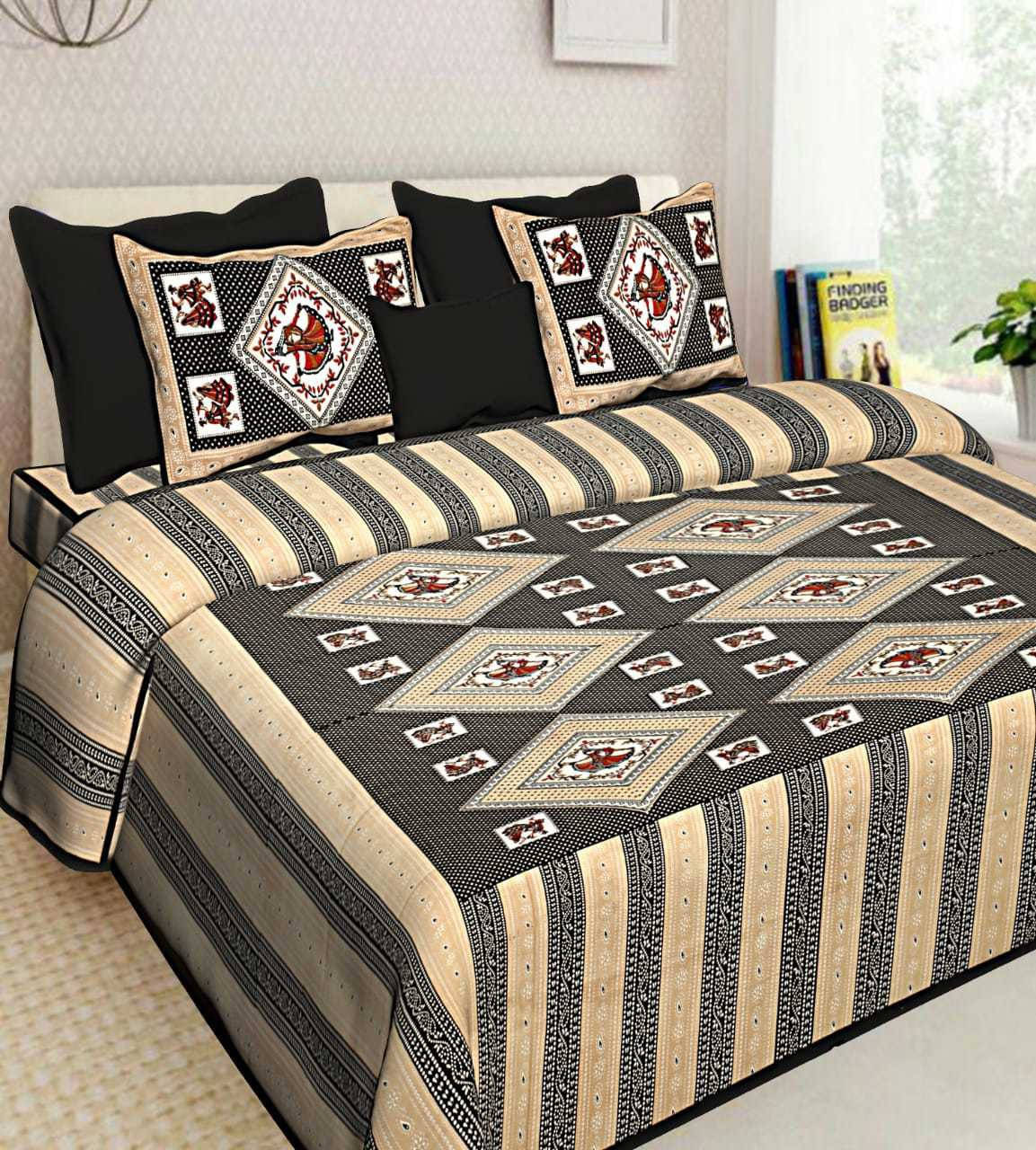     			Batham Handloom Cotton 1 Double Bedsheet with 2 Pillow Covers ( Black )