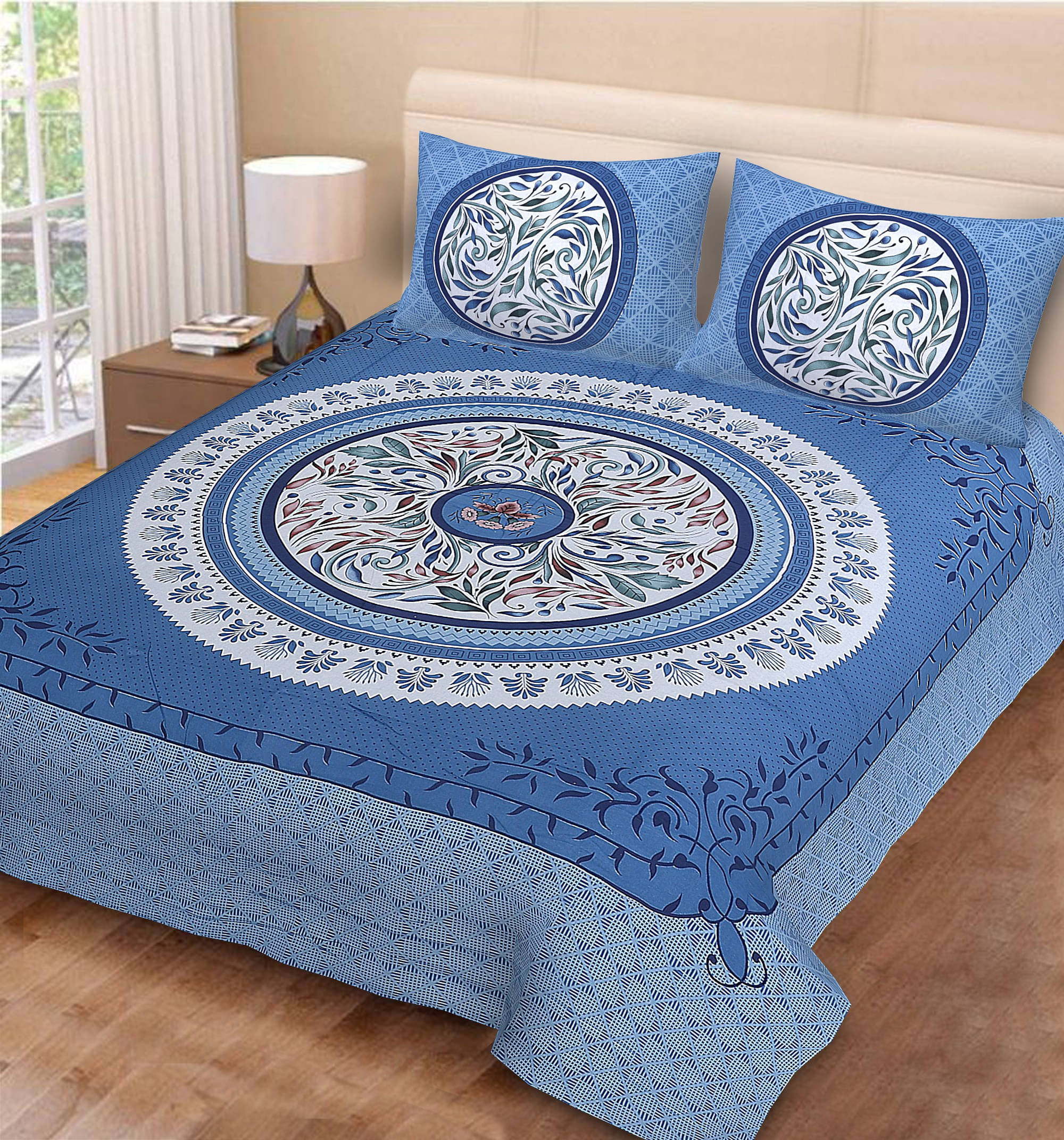     			Batham Handloom Cotton 1 Double Bedsheet with 2 Pillow Covers ( Blue )