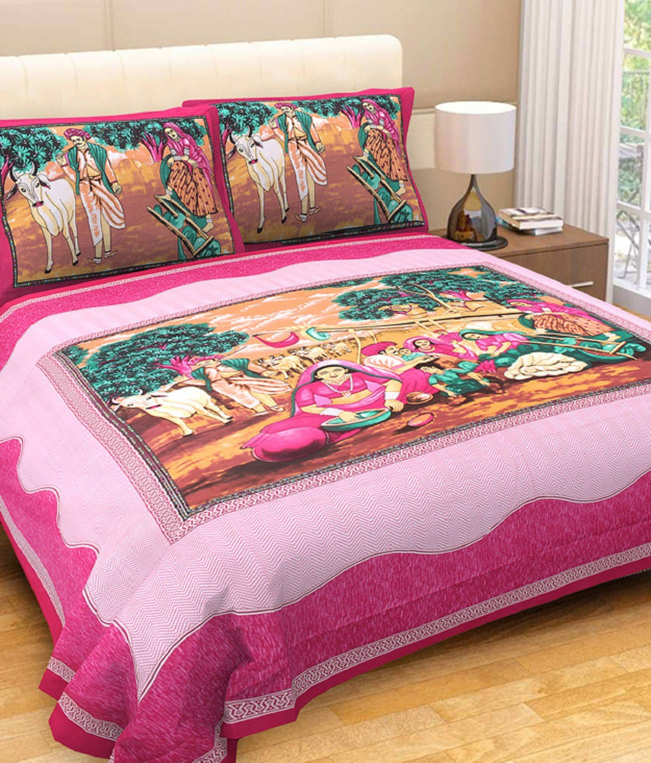     			Batham Handloom Cotton 1 Double Bedsheet with 2 Pillow Covers ( Pink )
