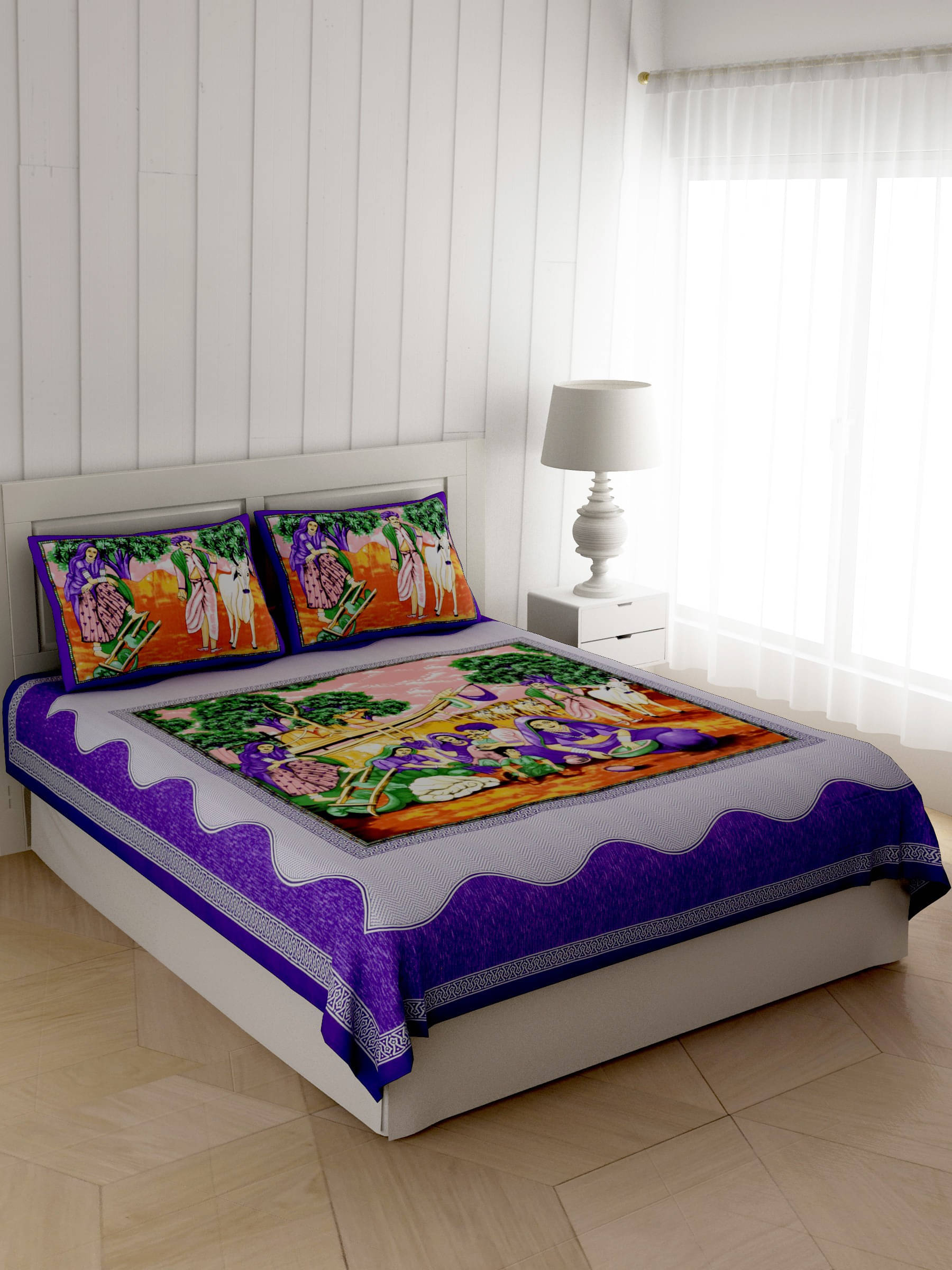     			Batham Handloom Cotton 1 Double Bedsheet with 2 Pillow Covers ( Purple )