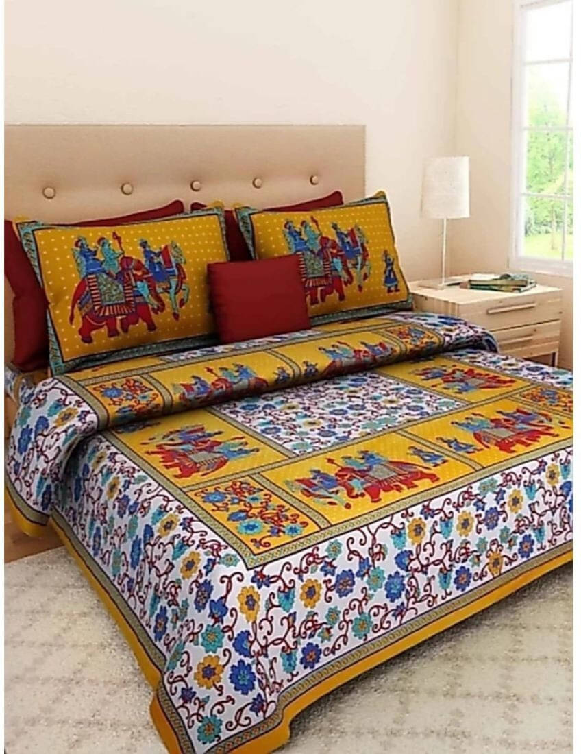     			Batham Handloom Cotton 1 Double Bedsheet with 2 Pillow Covers ( Yellow )