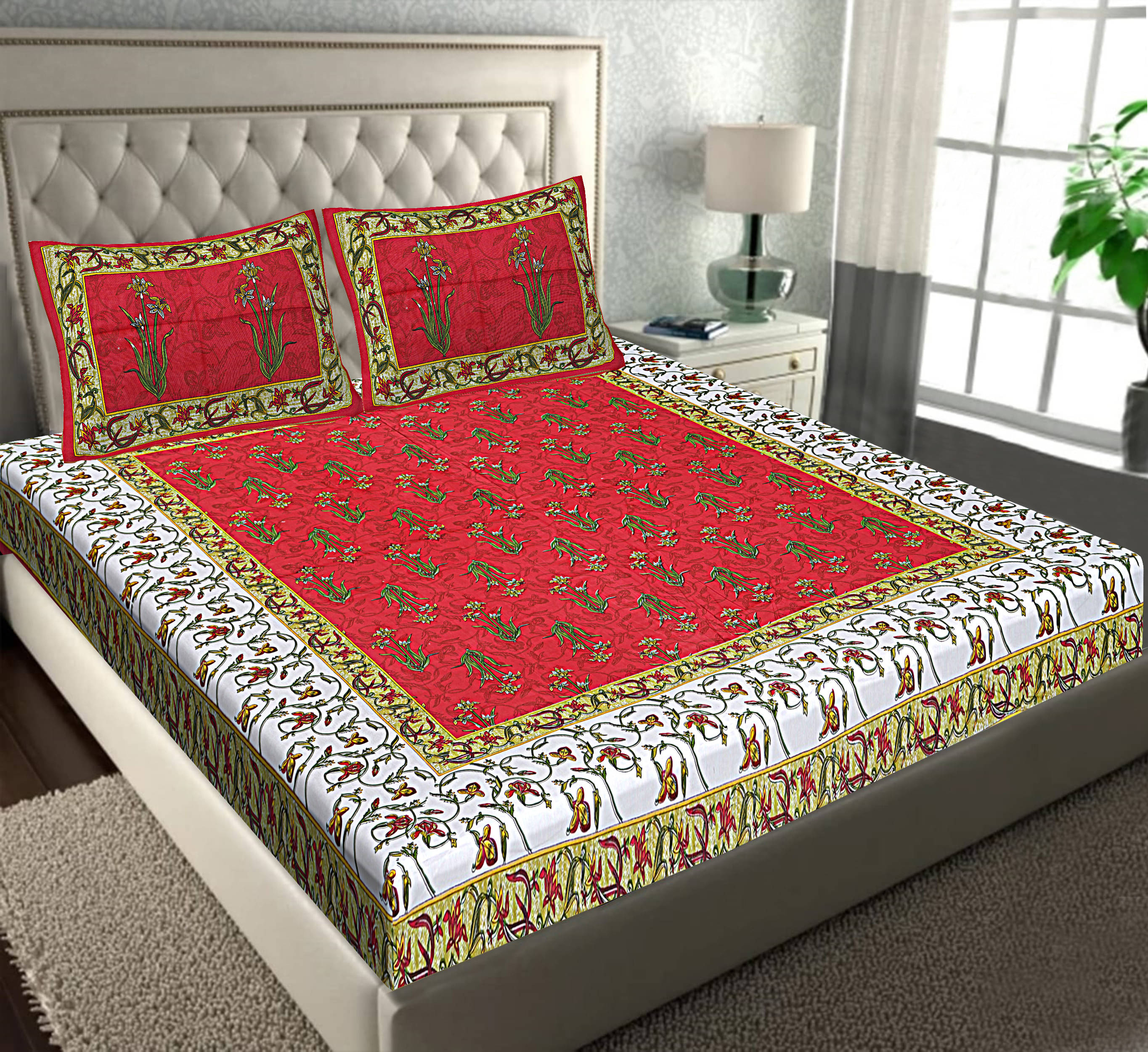     			Batham Handloom Cotton 1 Double Bedsheet with 2 Pillow Covers ( Red )