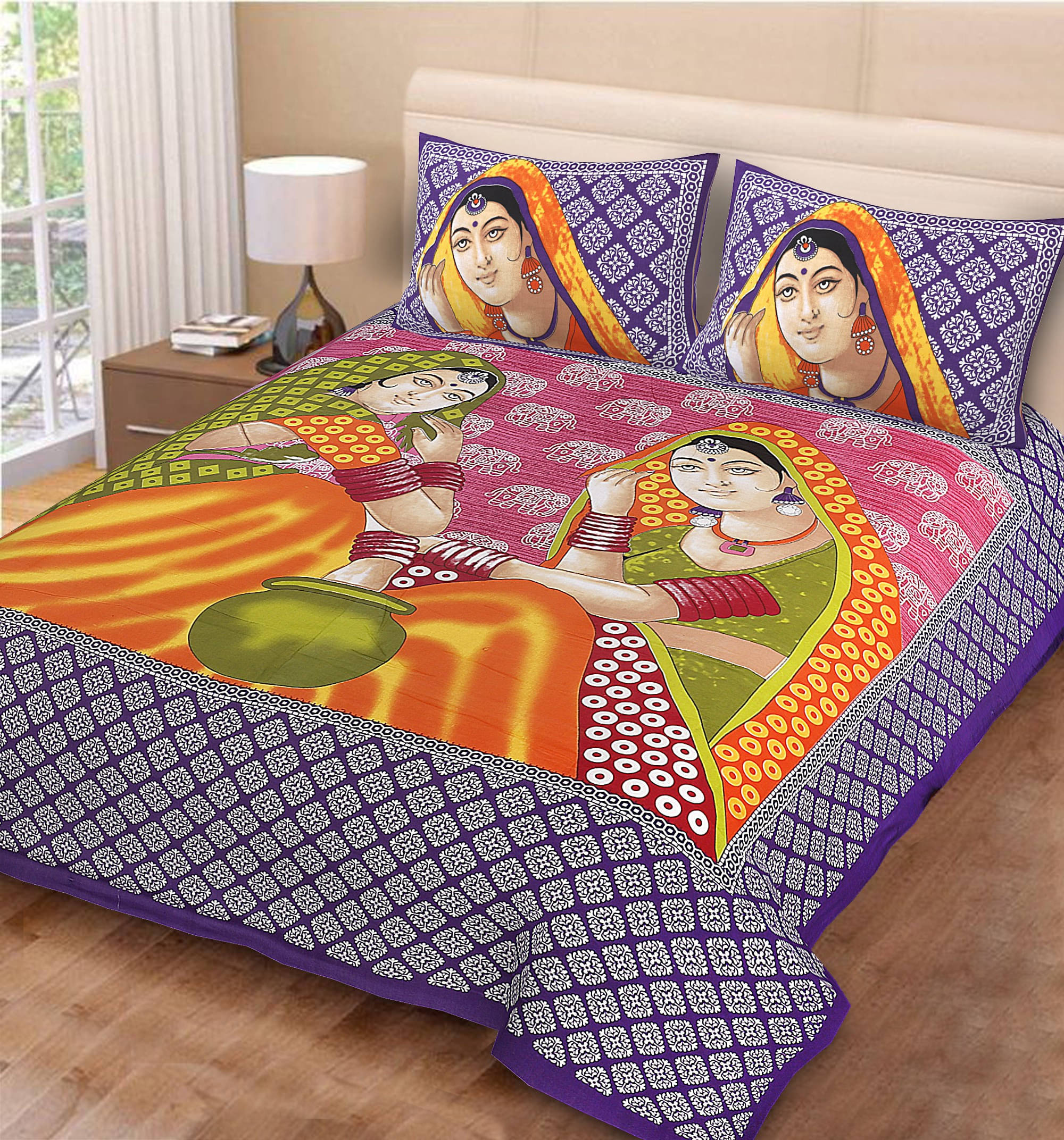     			Batham Handloom Cotton 1 Double Bedsheet with 2 Pillow Covers ( Purple )
