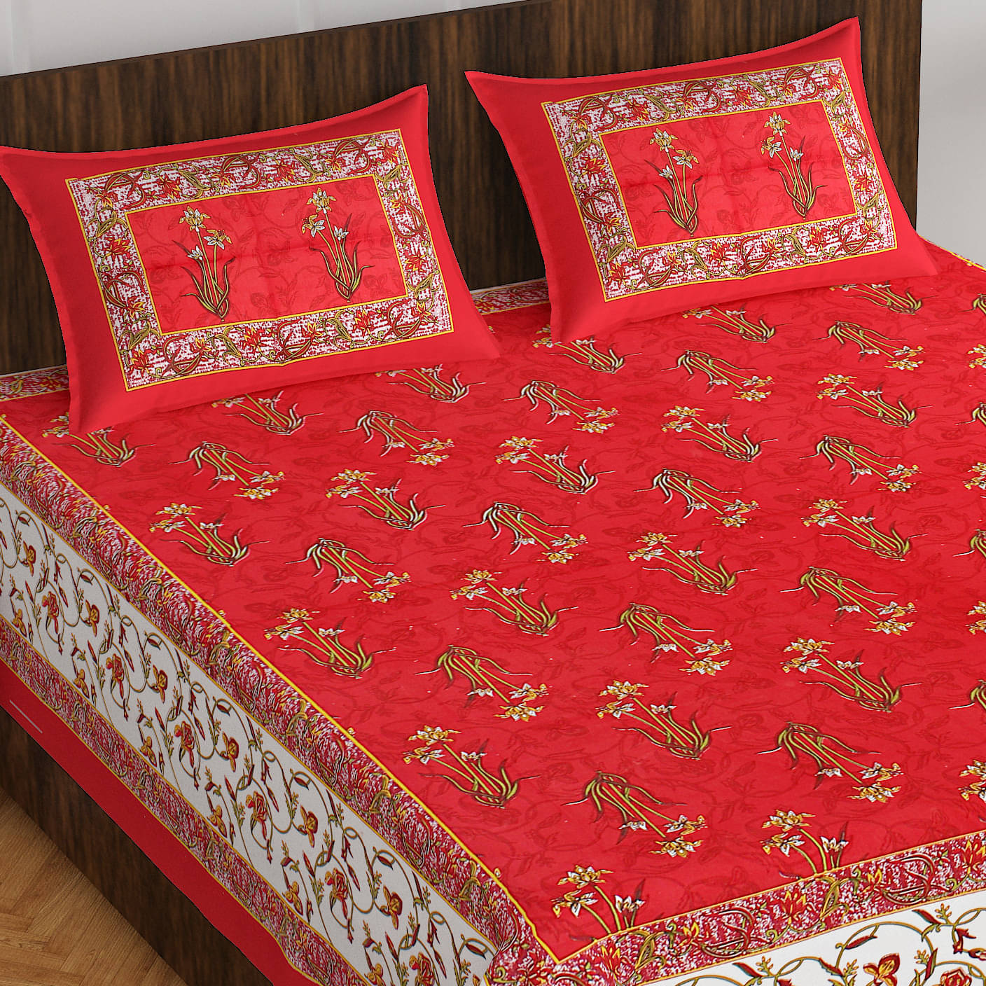     			Batham Handloom Cotton 1 Double Bedsheet with 2 Pillow Covers ( Red )
