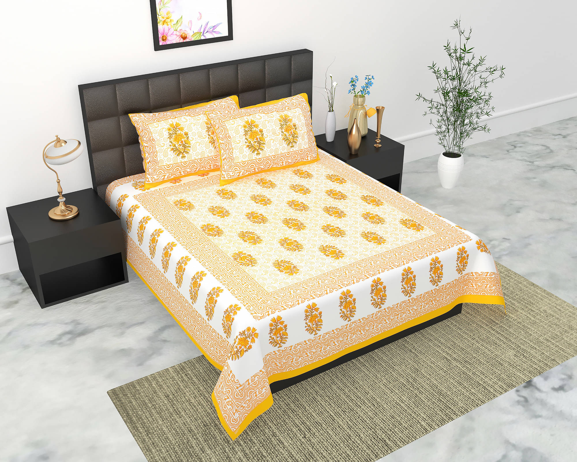     			Batham Handloom Cotton 1 Double Bedsheet with 2 Pillow Covers ( Yellow )