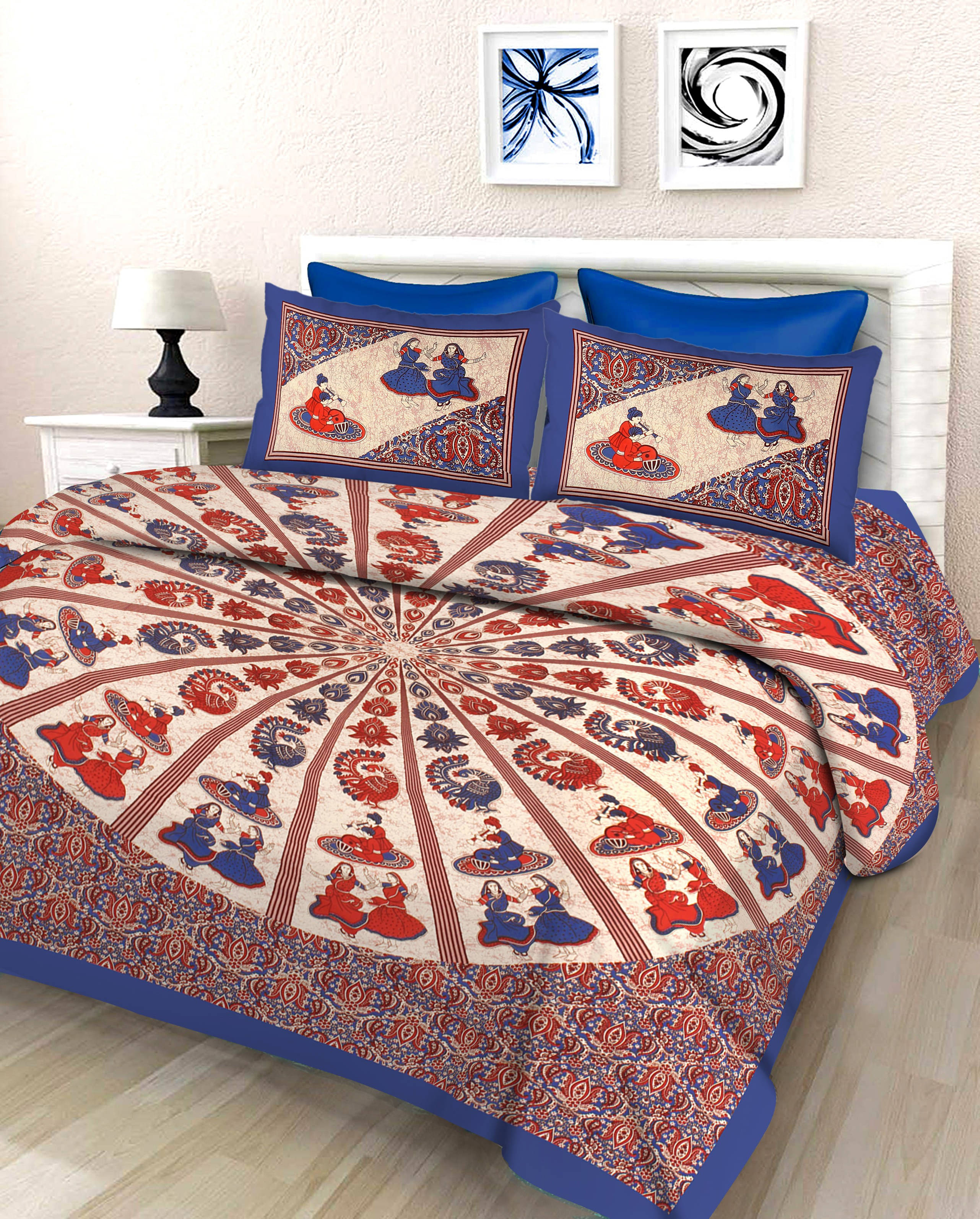     			Batham Handloom Cotton 1 Double Bedsheet with 2 Pillow Covers ( Blue )