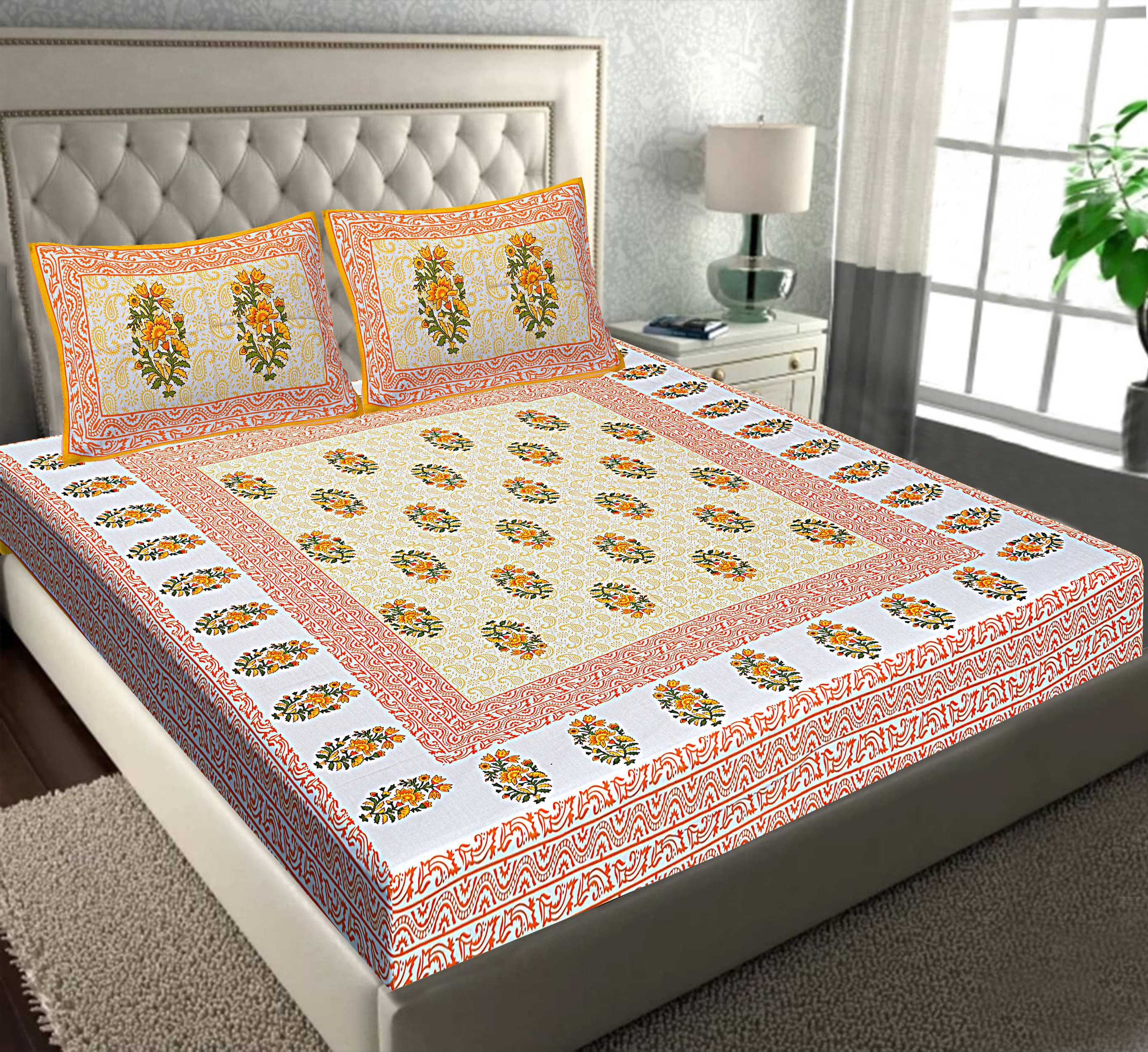 Batham Handloom Cotton 1 Double Bedsheet with 2 Pillow Covers ( Yellow )     			Batham Handloom Cotton 1 Double Bedsheet with 2 Pillow Covers ( Yellow )