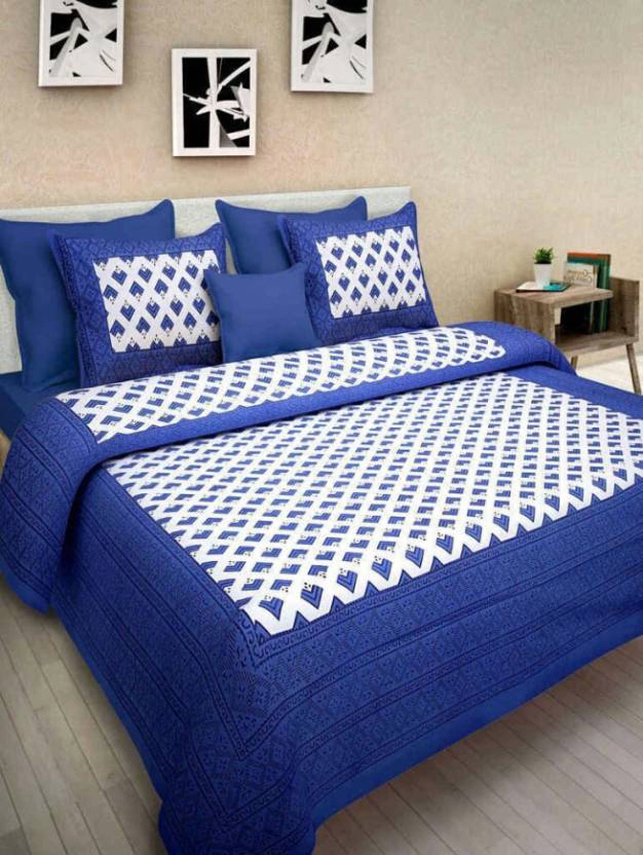     			Batham Handloom Cotton 1 Double Bedsheet with 2 Pillow Covers ( Blue )