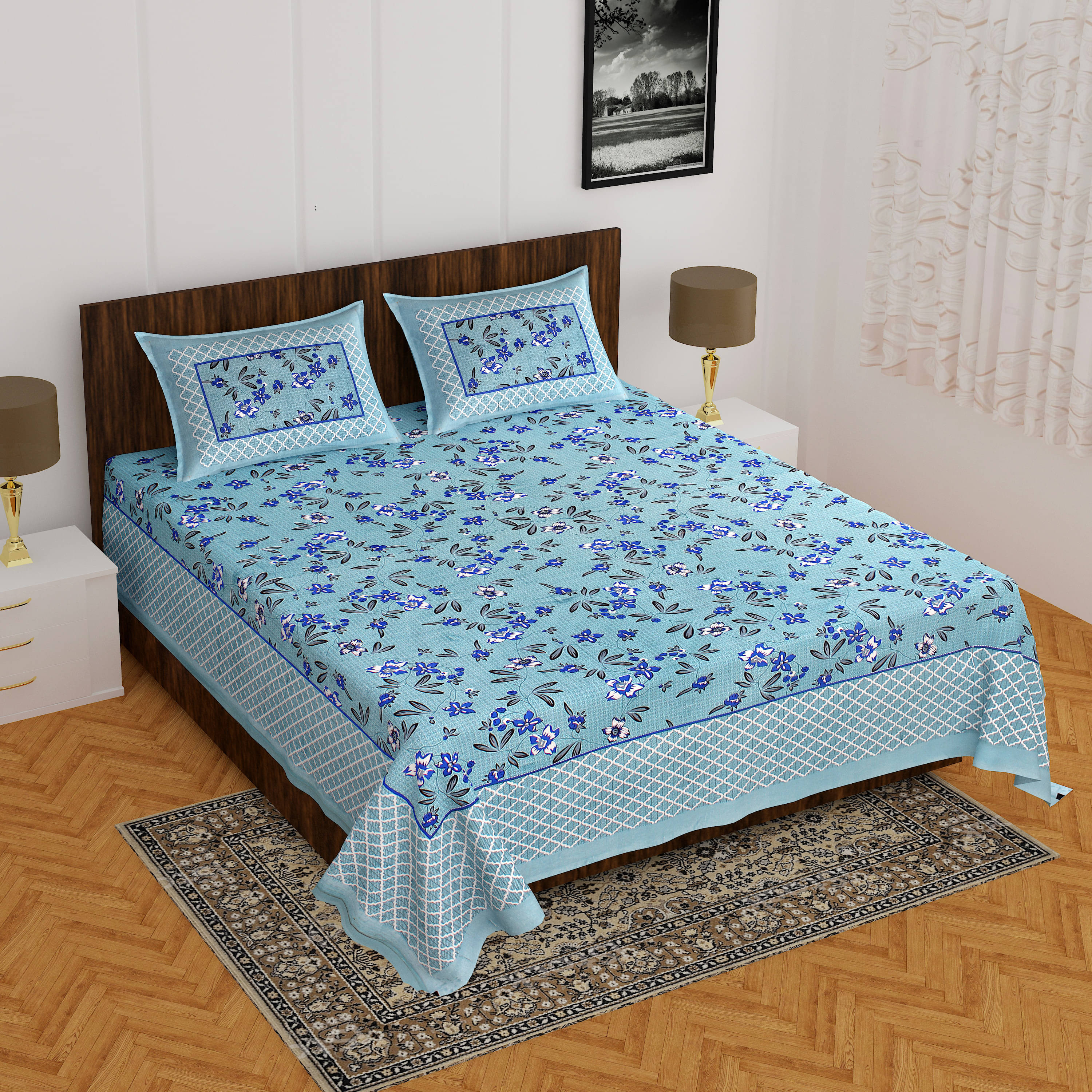     			Batham Handloom Cotton 1 Double Bedsheet with 2 Pillow Covers ( Blue )