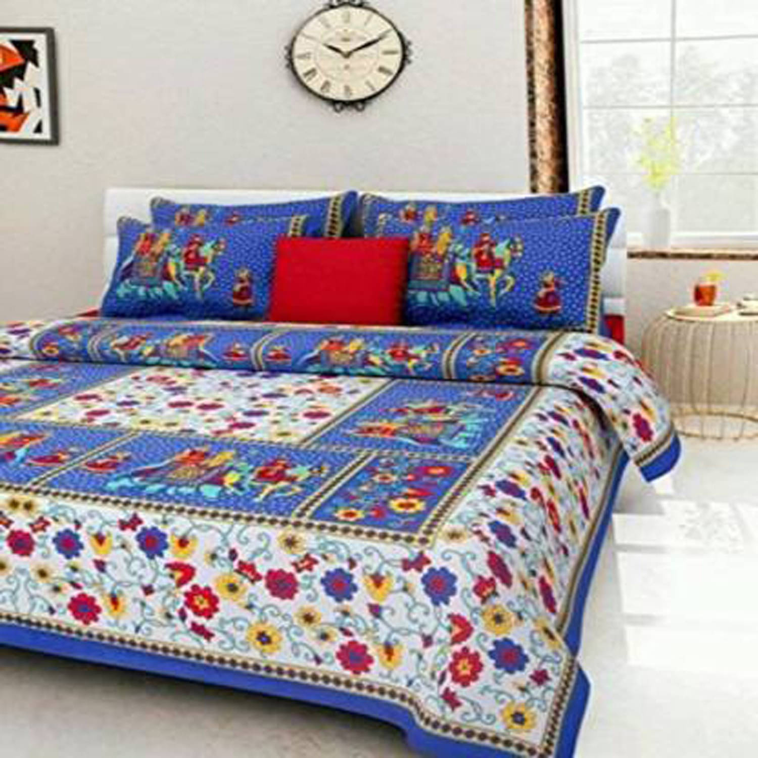     			Batham Handloom Cotton 1 Double Bedsheet with 2 Pillow Covers ( Blue )
