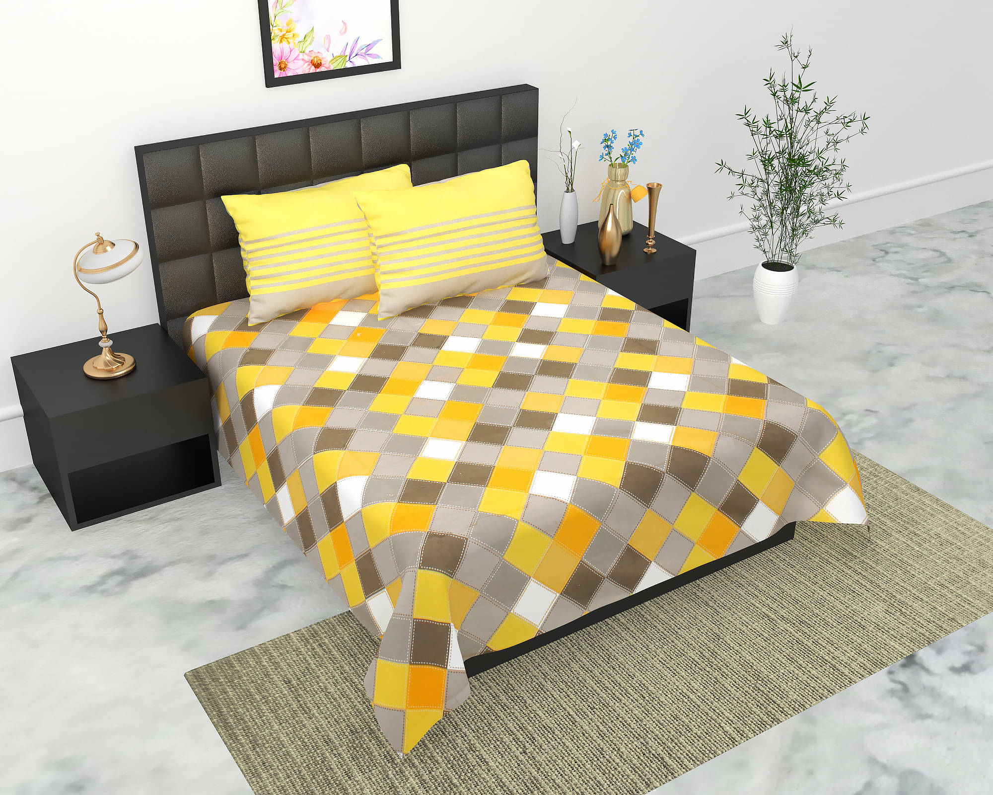     			Batham Handloom Cotton 1 Double Bedsheet with 2 Pillow Covers ( Yellow )