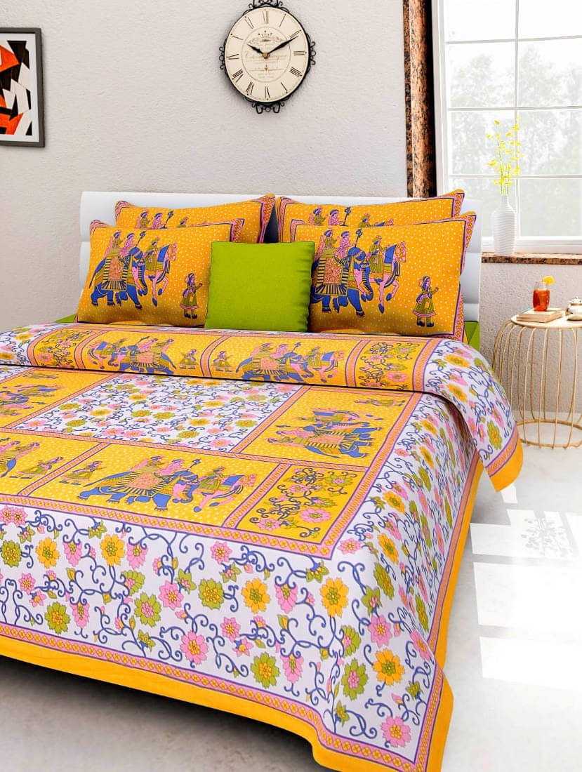     			Batham Handloom Cotton 1 Double Bedsheet with 2 Pillow Covers ( Yellow )