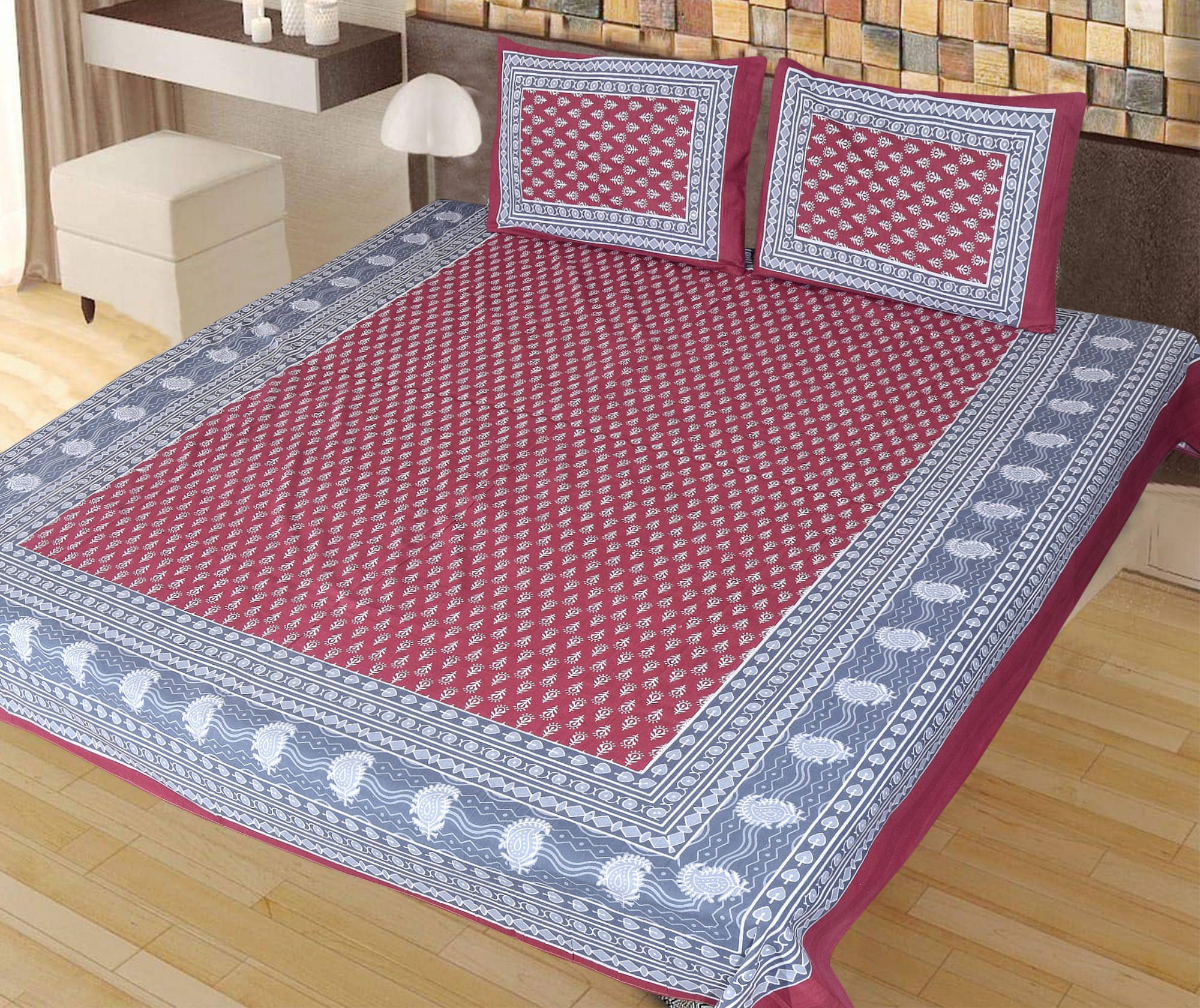     			Batham Handloom Cotton 1 Double Bedsheet with 2 Pillow Covers ( Maroon )