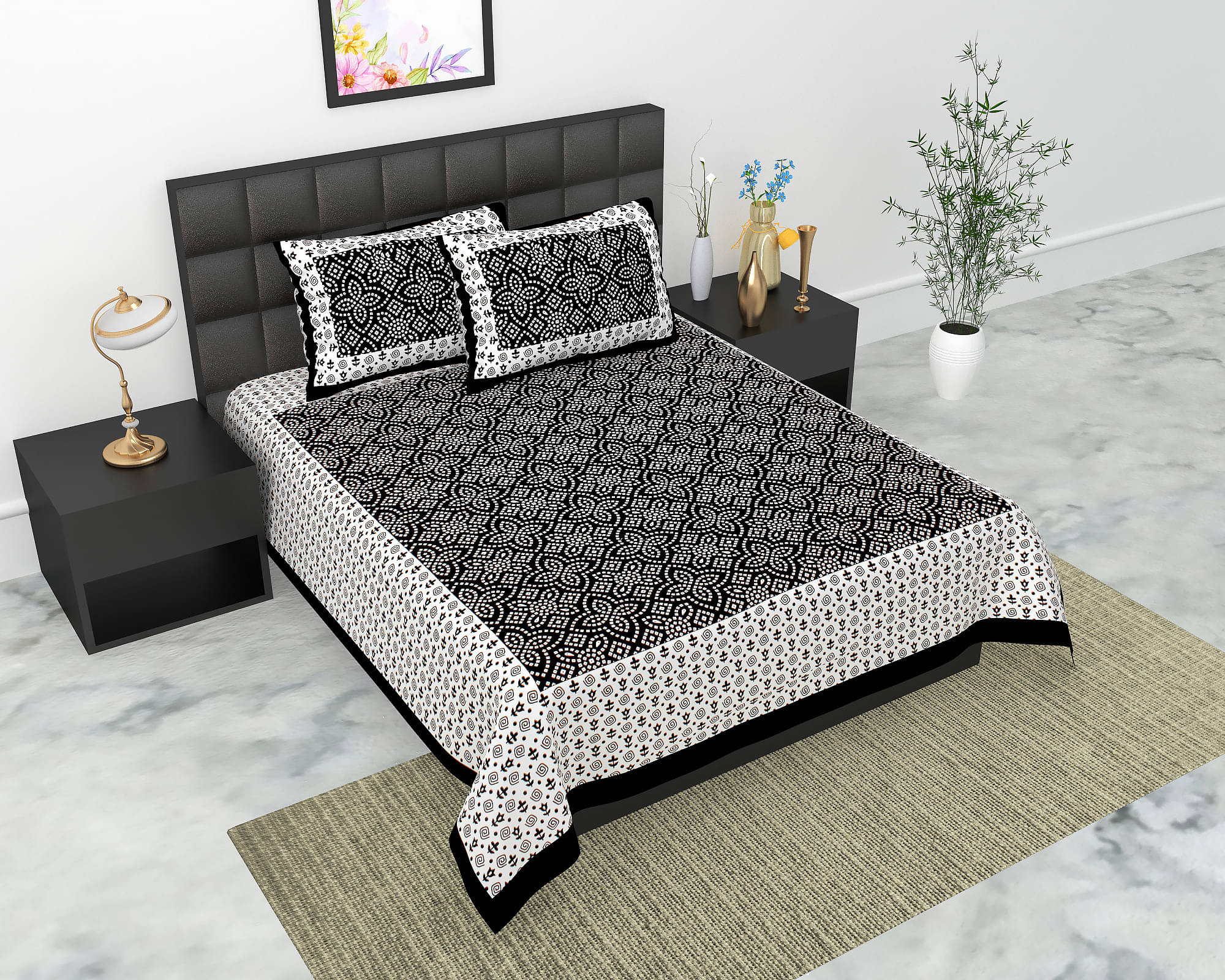     			Batham Handloom Cotton 1 Double Bedsheet with 2 Pillow Covers ( Black )