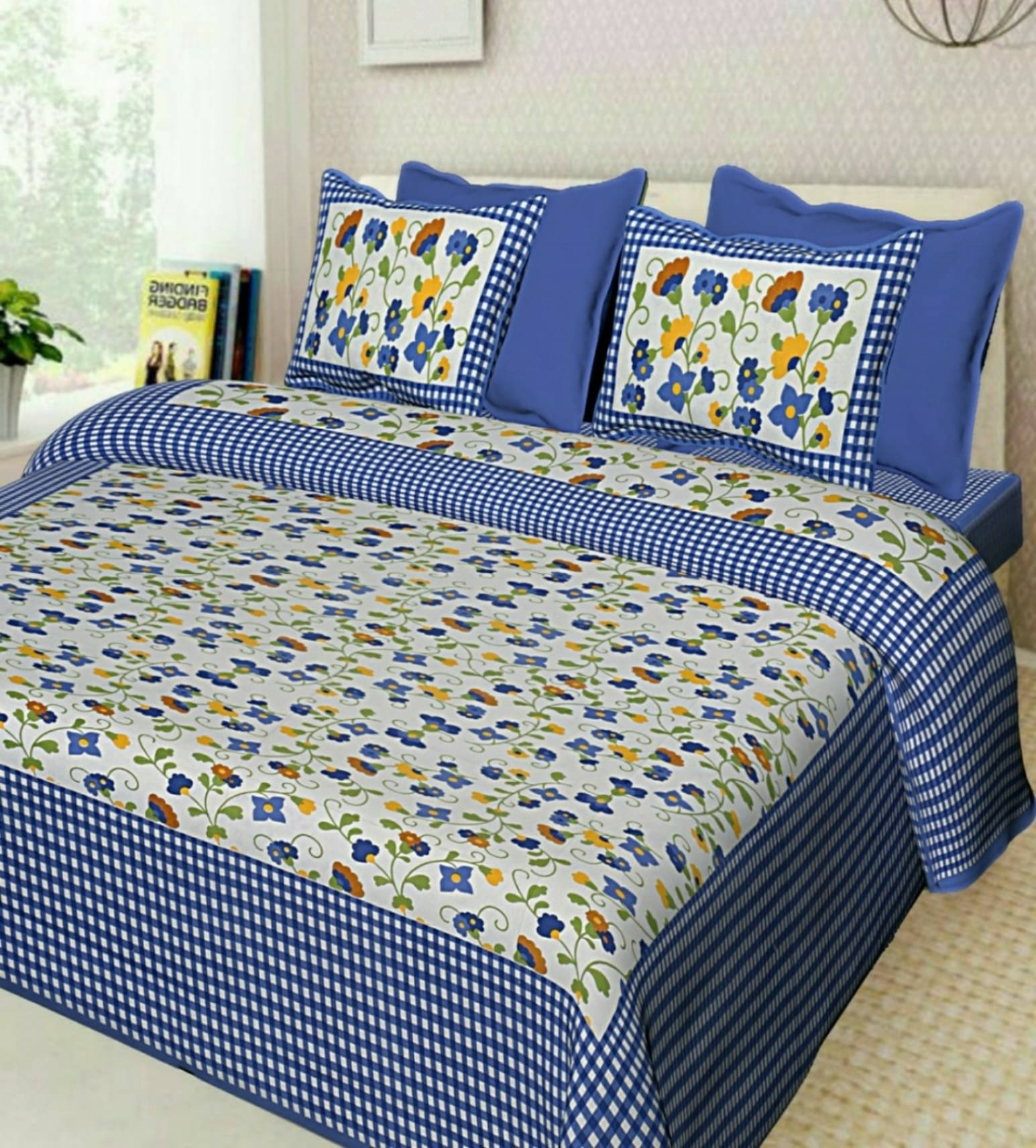 Batham Handloom Cotton 1 Double Bedsheet with 2 Pillow Covers ( Blue ) Batham Handloom Cotton 1 Double Bedsheet with 2 Pillow Covers ( Blue )