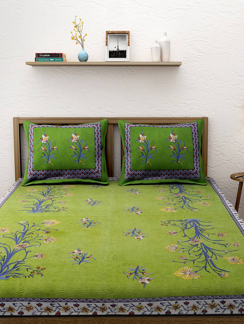     			Batham Handloom Cotton 1 Double Bedsheet with 2 Pillow Covers ( Green )