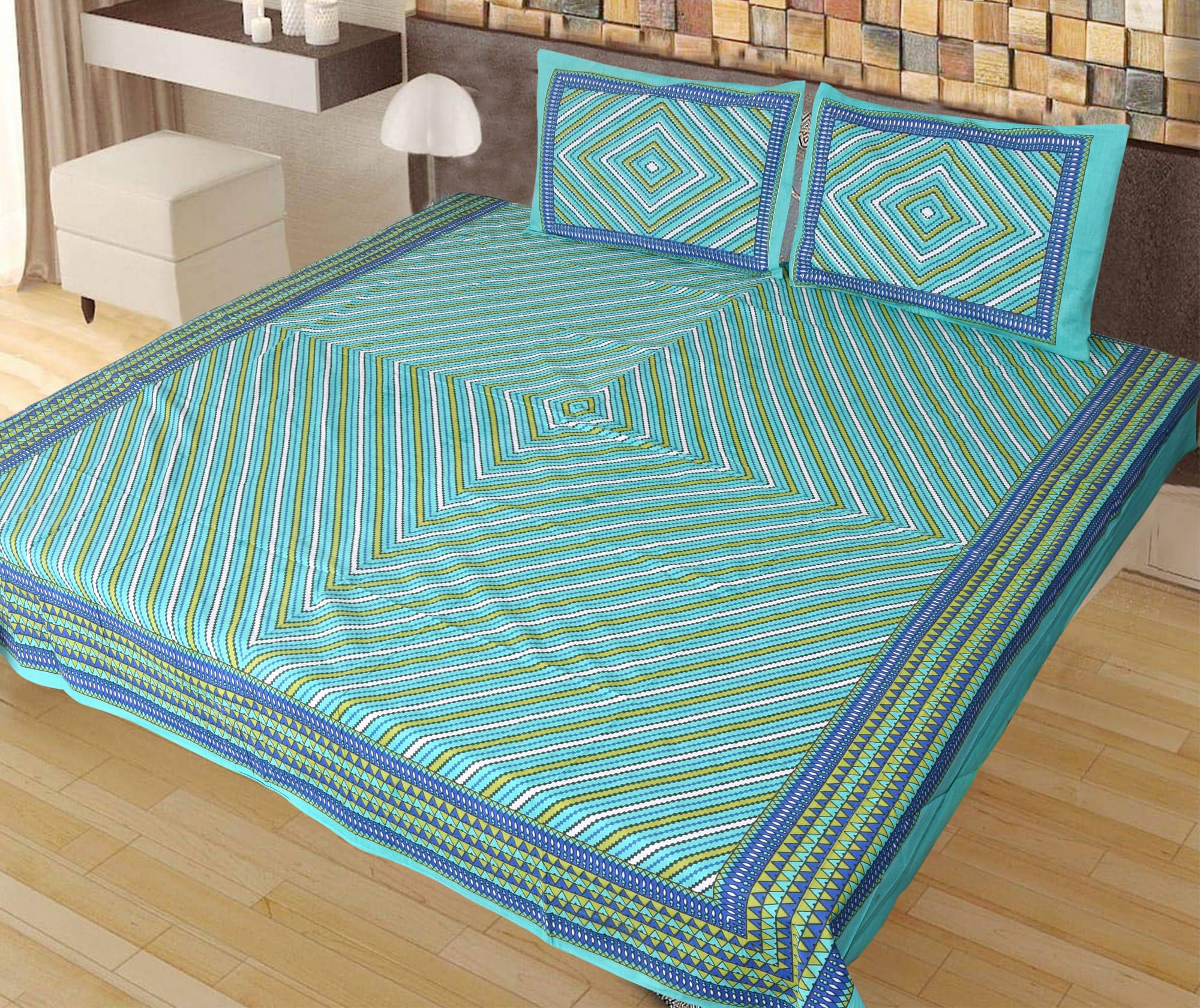     			Batham Handloom Cotton 1 Double Bedsheet with 2 Pillow Covers ( Green )