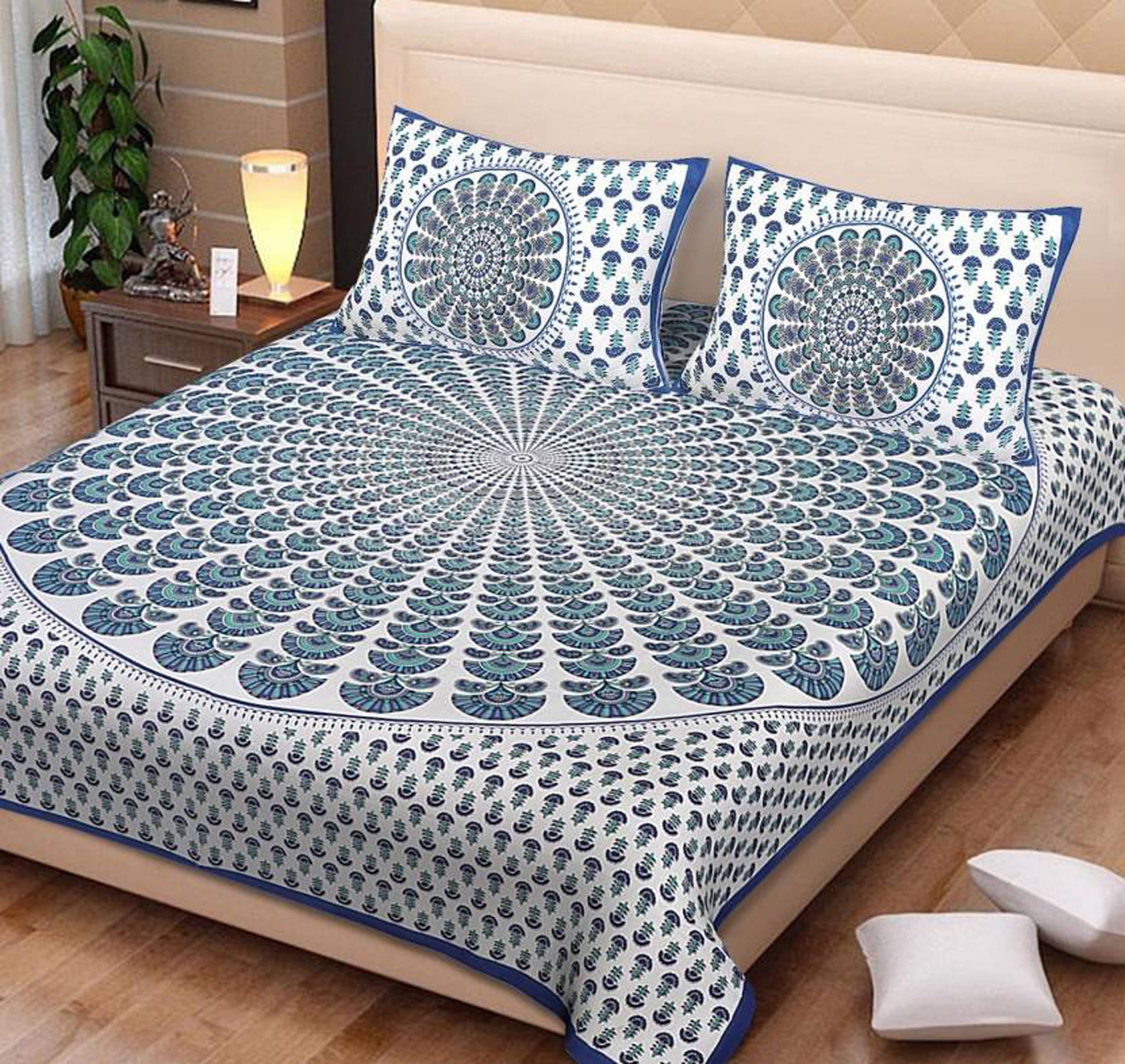     			Batham Handloom Cotton 1 Double Bedsheet with 2 Pillow Covers ( Blue )