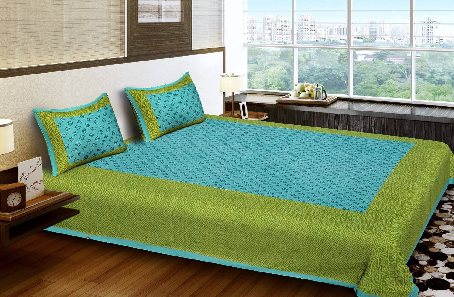     			Batham Handloom Cotton 1 Double Bedsheet with 2 Pillow Covers ( Green )