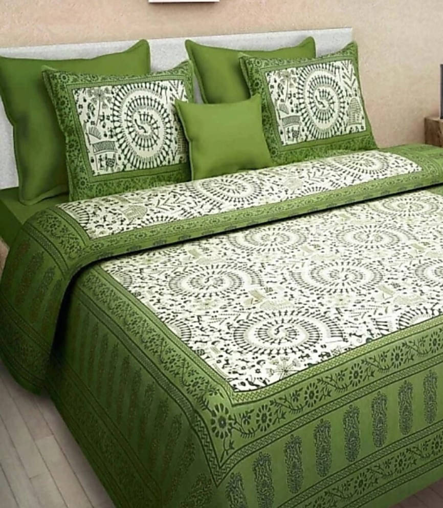     			Batham Handloom Cotton 1 Double Bedsheet with 2 Pillow Covers ( Green )