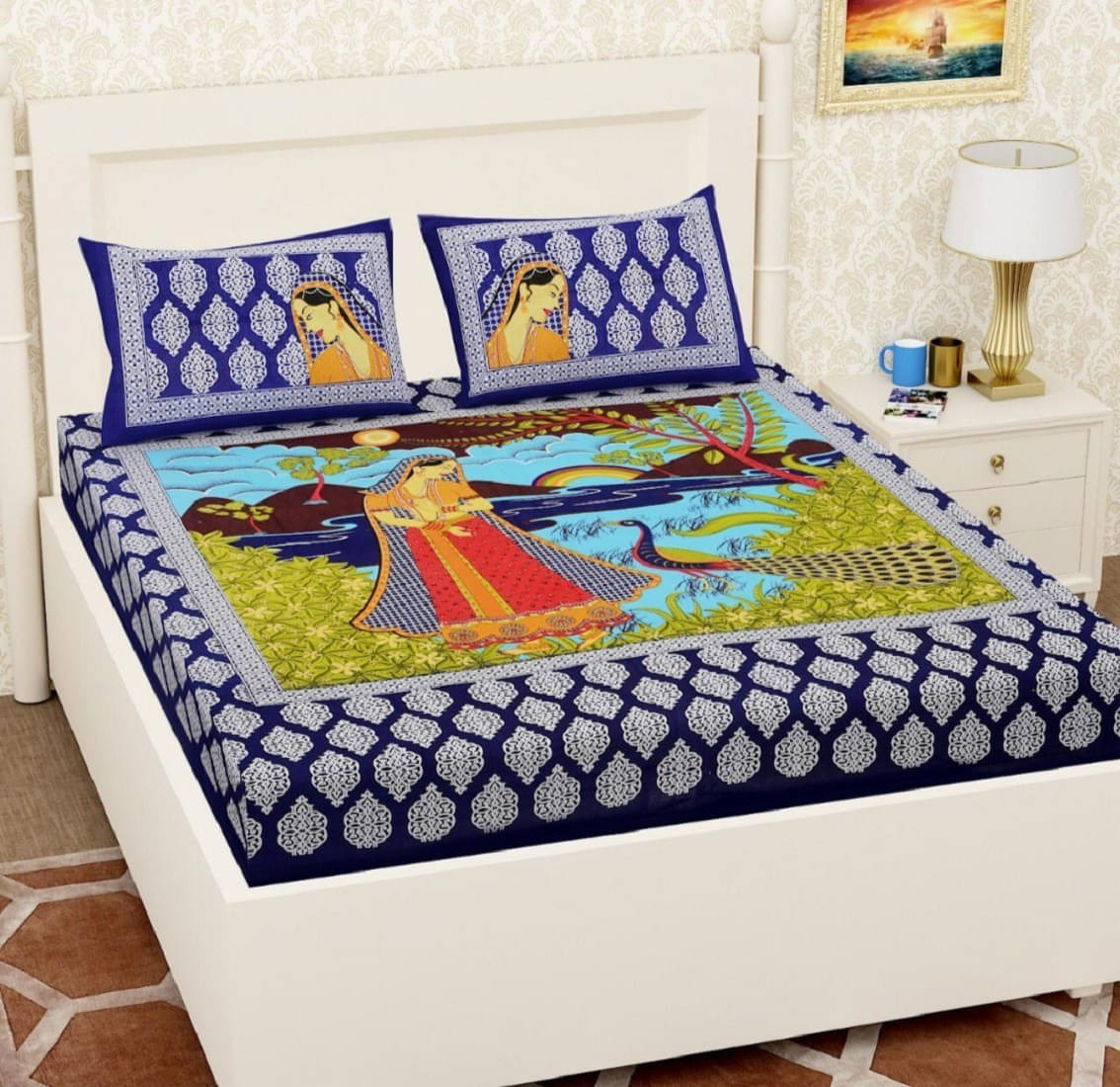     			Batham Handloom Cotton 1 Double Bedsheet with 2 Pillow Covers ( Blue )