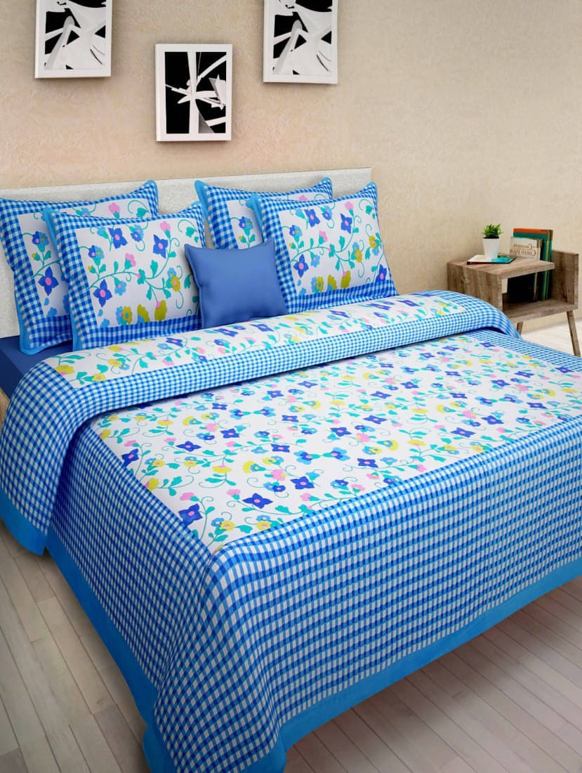     			Batham Handloom Cotton 1 Double Bedsheet with 2 Pillow Covers ( Blue )