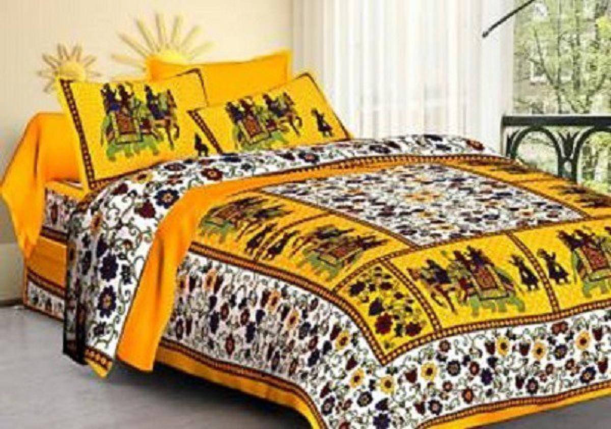     			Batham Handloom Cotton 1 Double Bedsheet with 2 Pillow Covers ( Yellow )