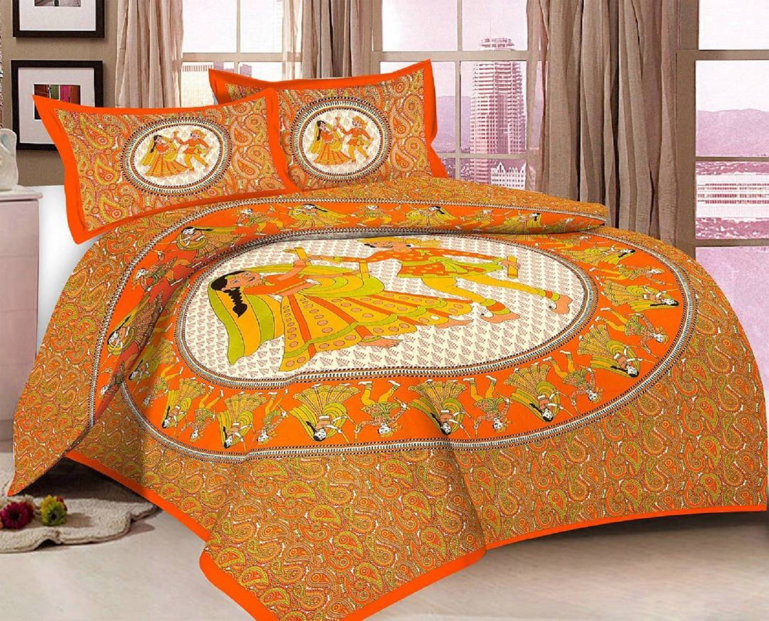     			Batham Handloom Cotton 1 Double Bedsheet with 2 Pillow Covers ( Orange )