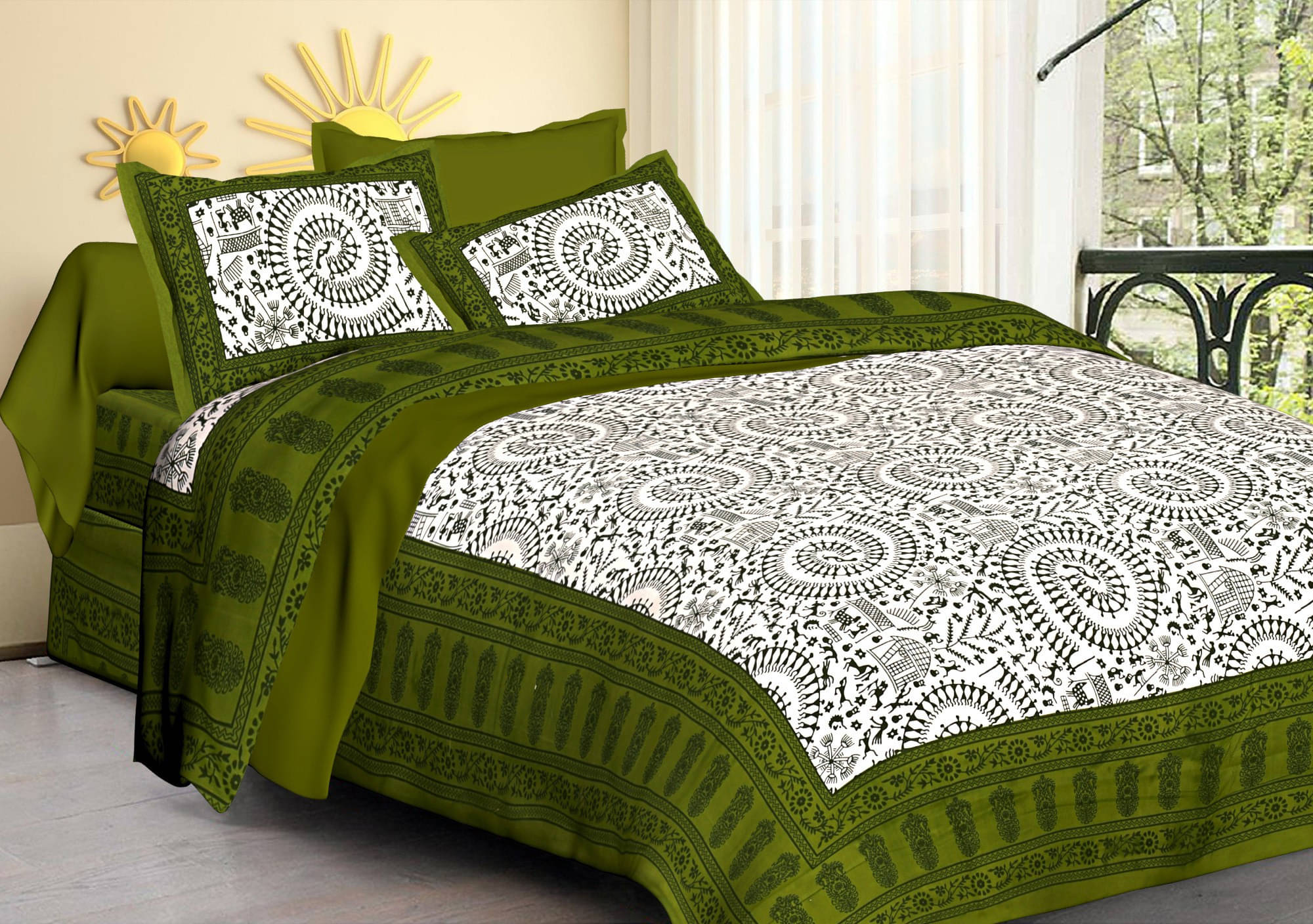     			Batham Handloom Cotton 1 Double Bedsheet with 2 Pillow Covers ( Green )