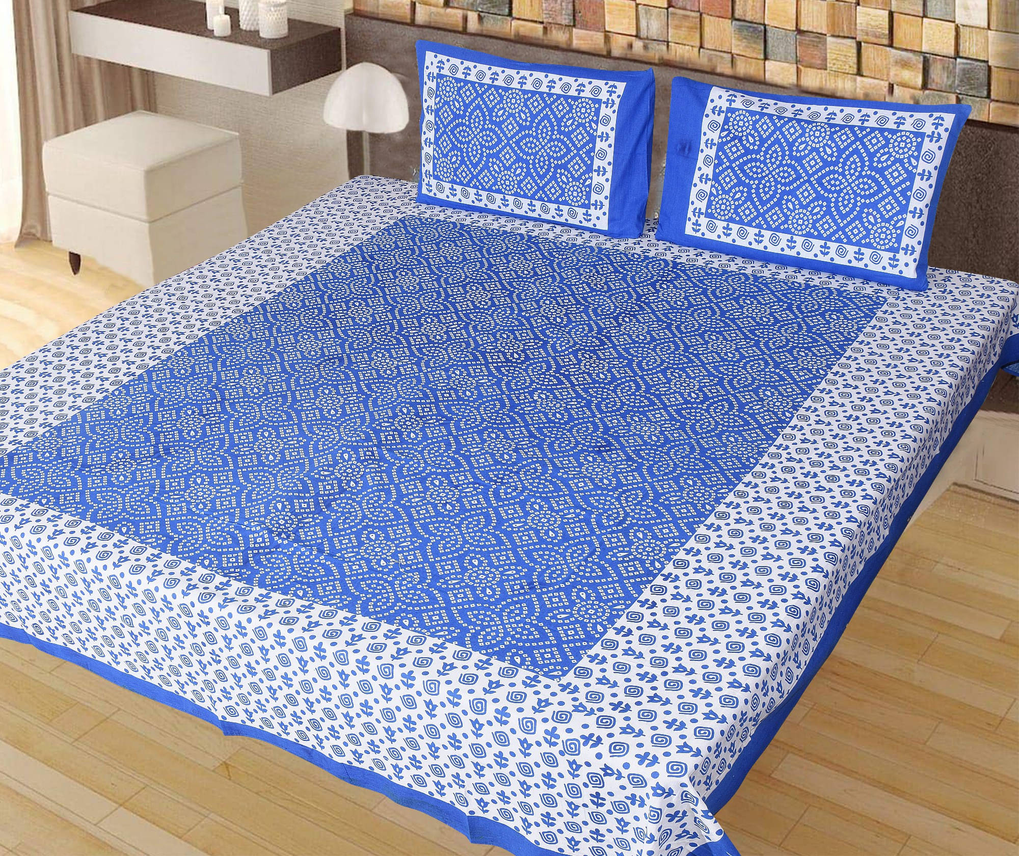     			Batham Handloom Cotton 1 Double Bedsheet with 2 Pillow Covers ( Blue )