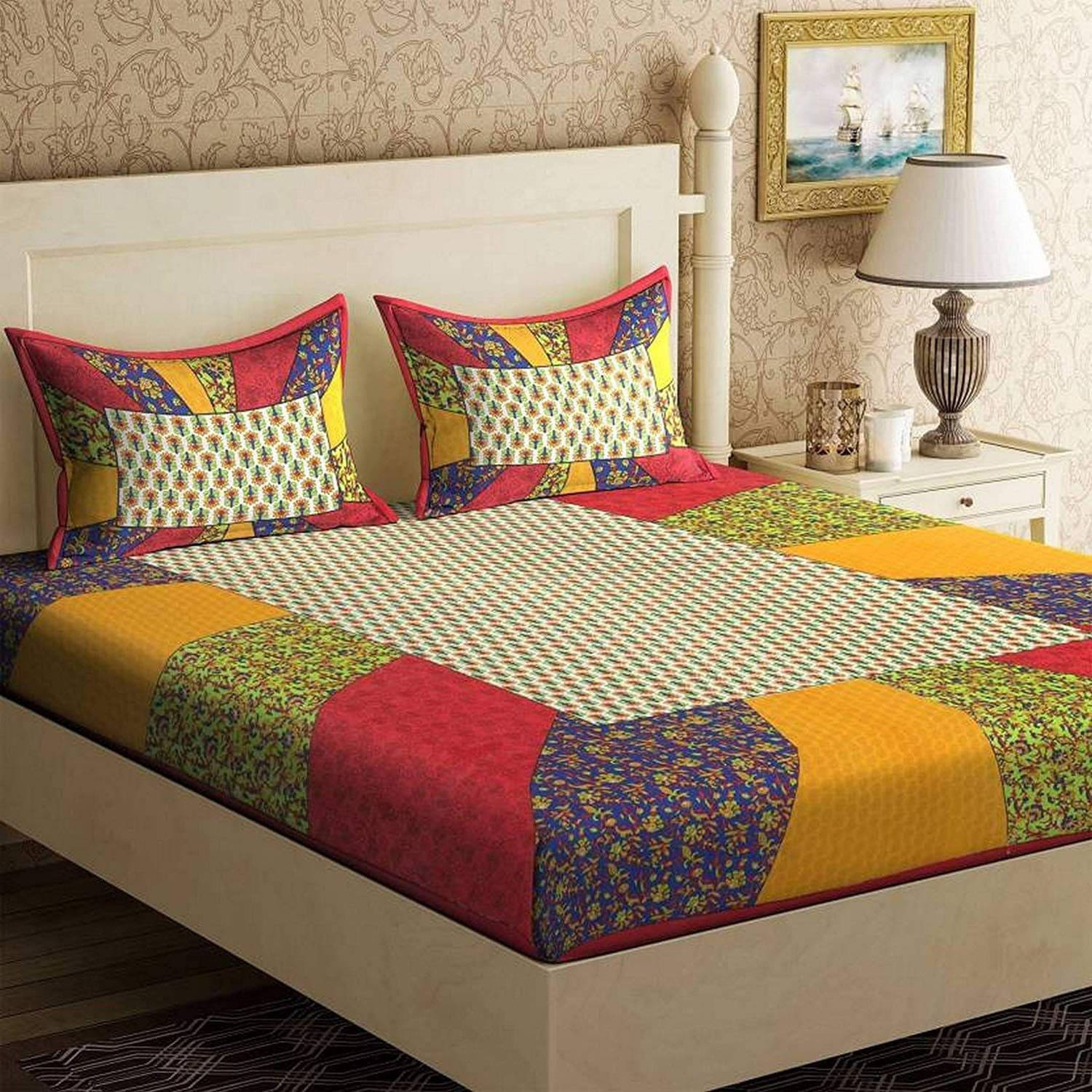     			Batham Handloom Cotton 1 Double Bedsheet with 2 Pillow Covers ( Multicolor )