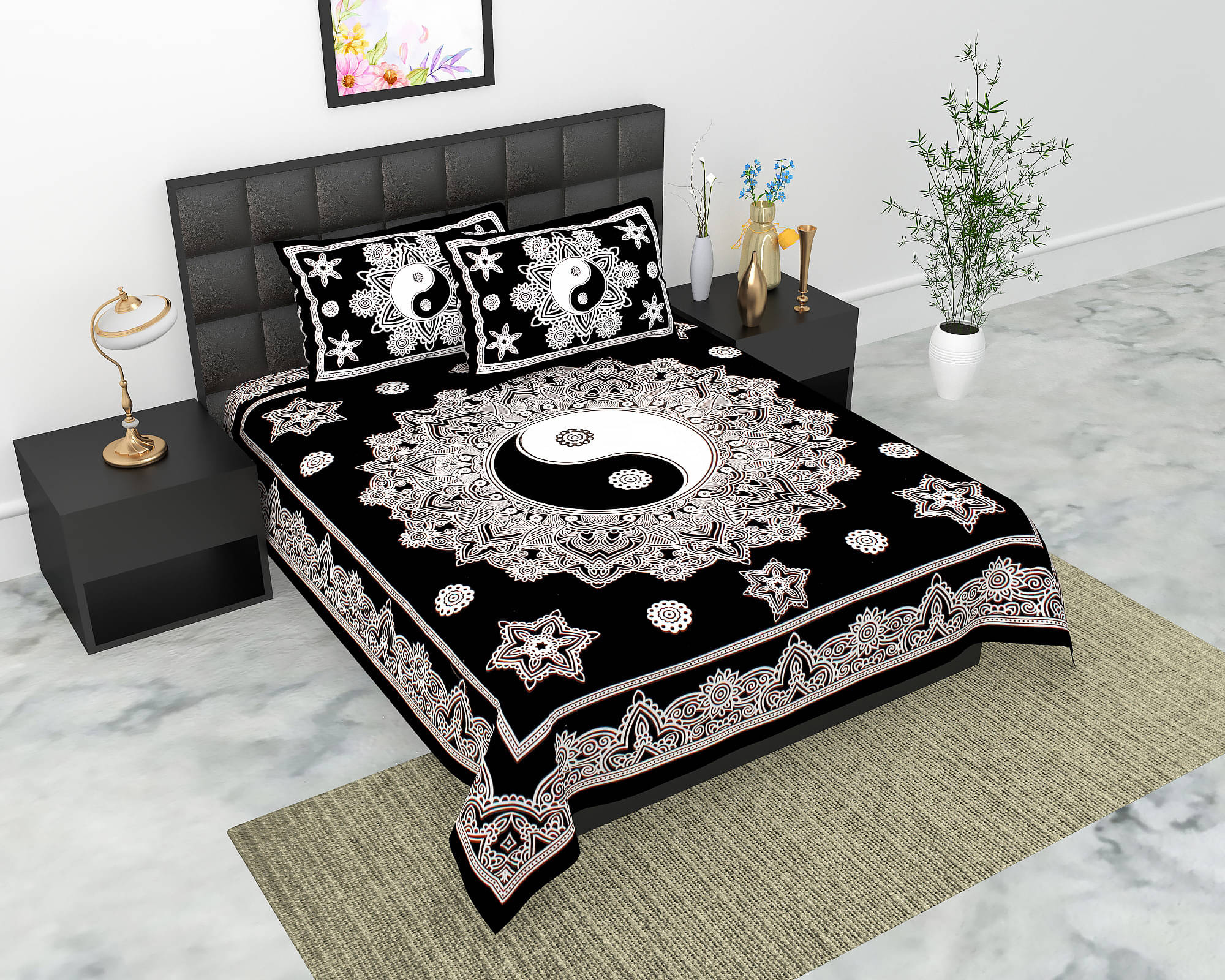     			Batham Handloom Cotton 1 Double Bedsheet with 2 Pillow Covers ( Black )