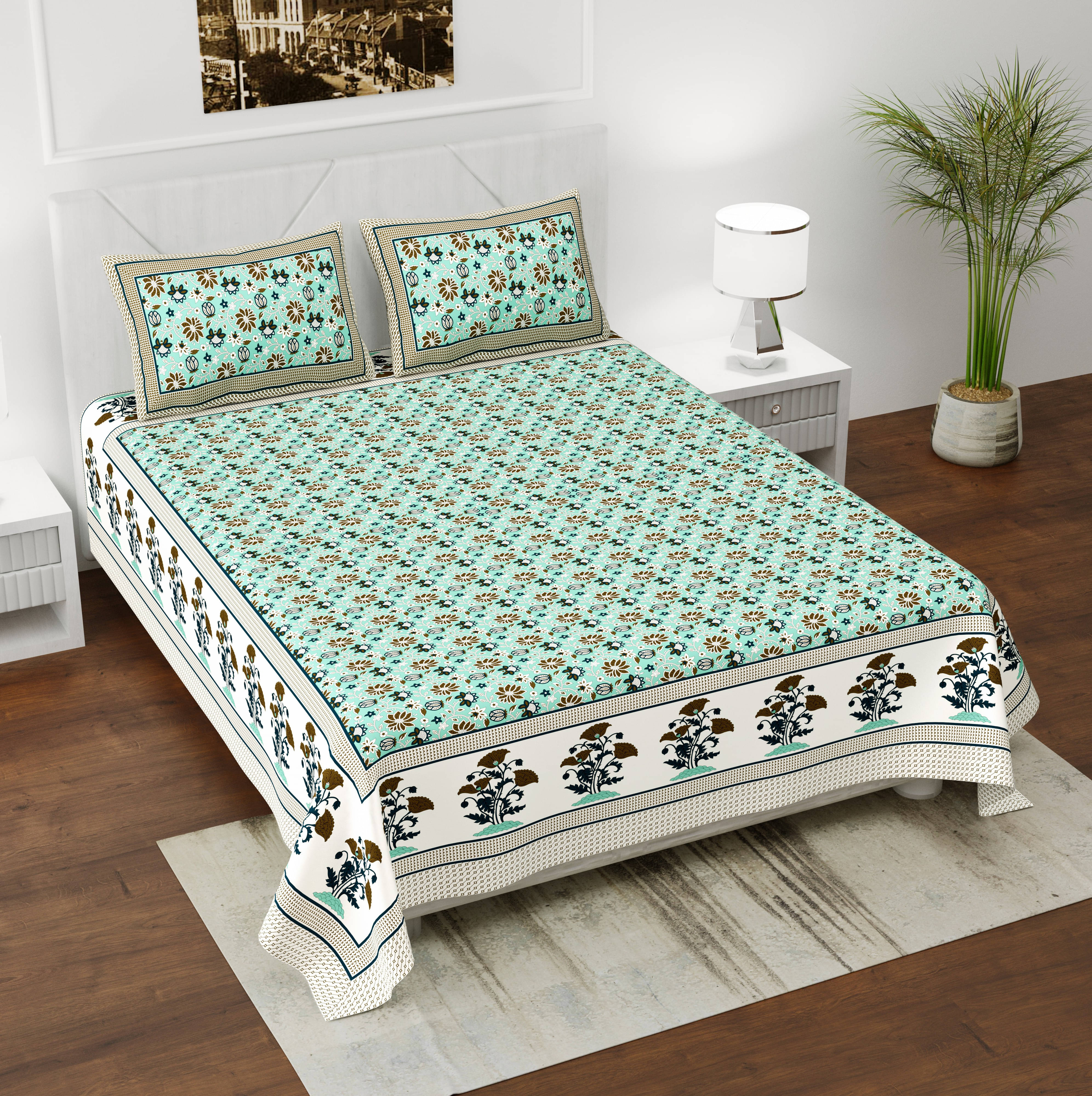     			Batham Handloom Cotton 1 Double Bedsheet with 2 Pillow Covers ( Green )