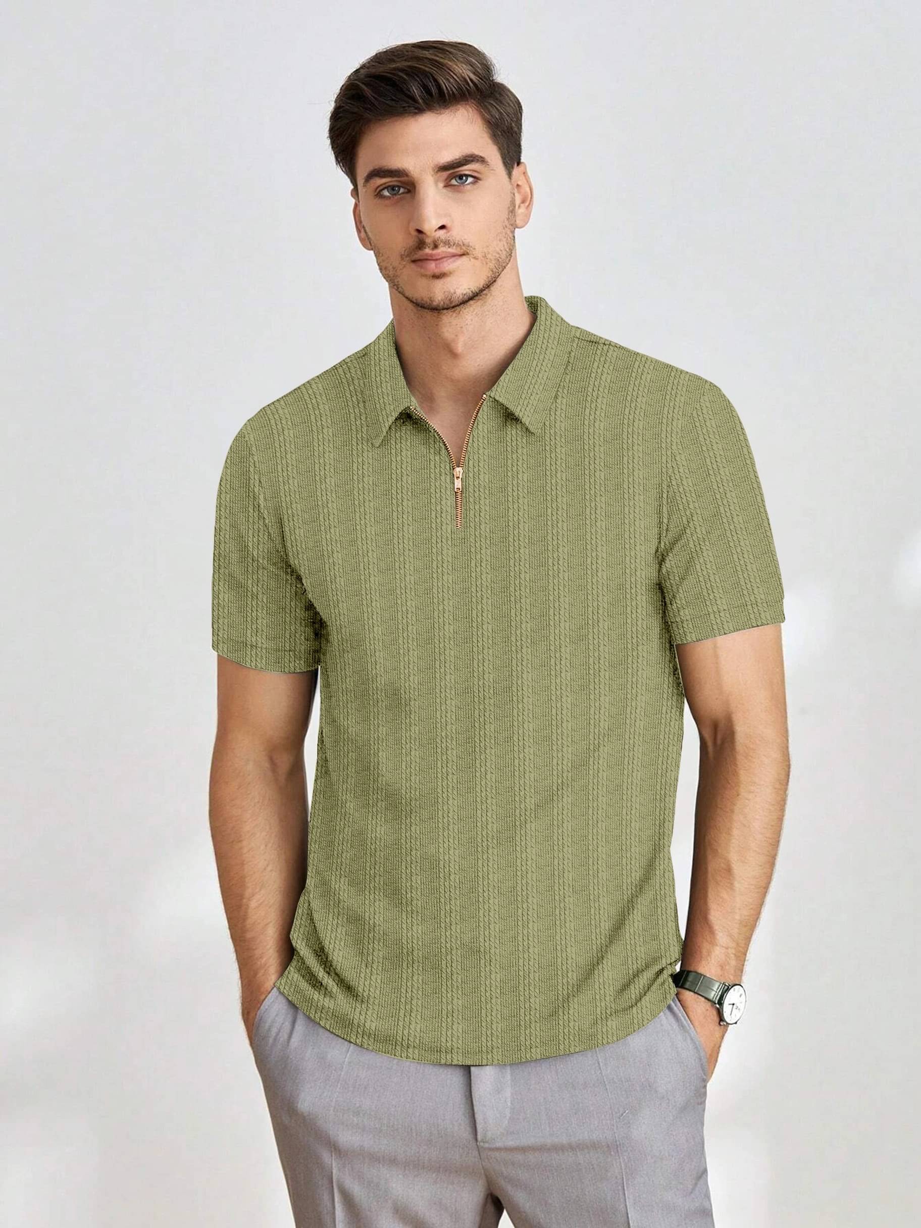     			COMBRAIDED Men Polyester Regular Fit Popcorn Textured Polo T Shirt ( Green )