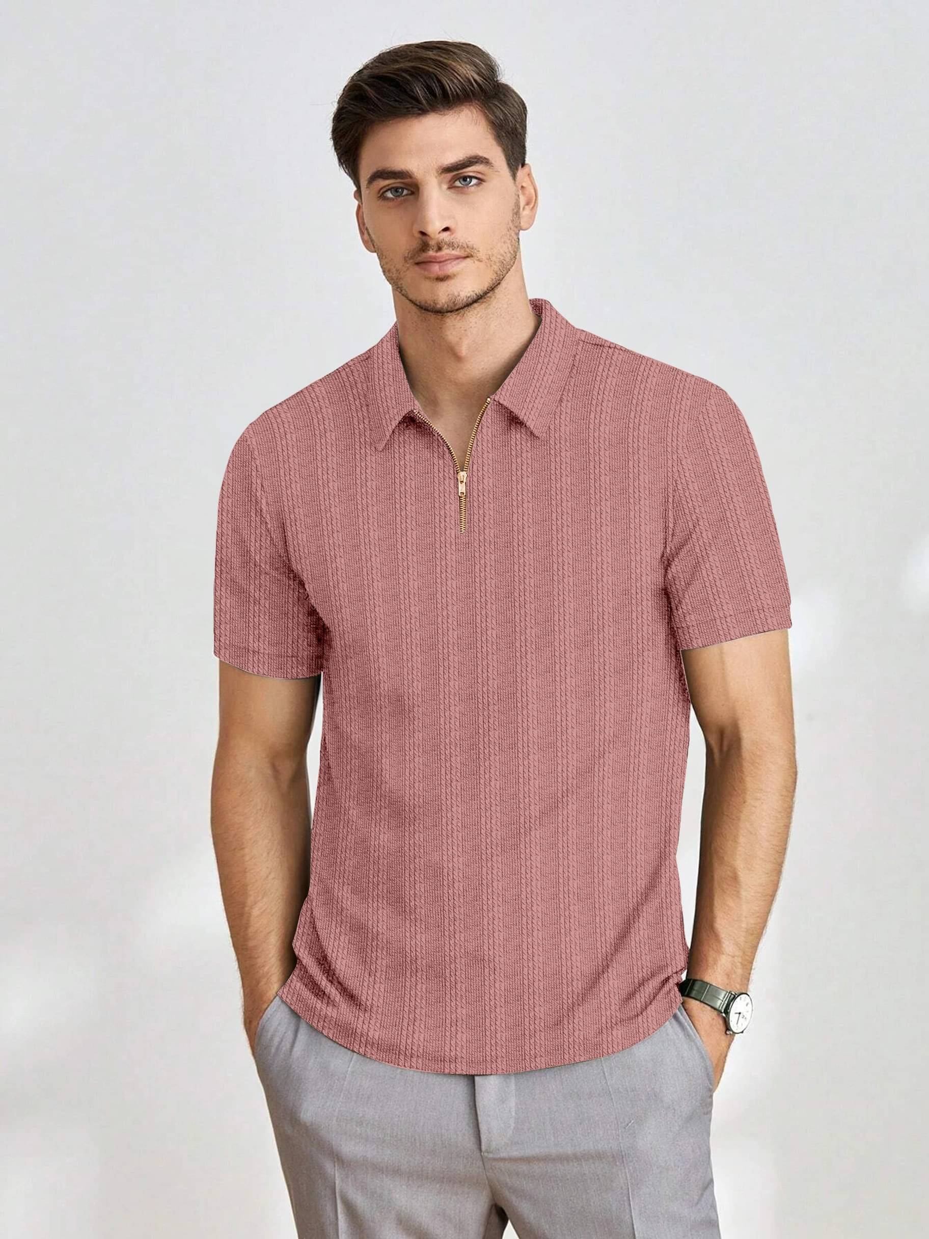 COMBRAIDED Men Polyester Regular Fit Popcorn Textured Polo T Shirt ( Pink ) COMBRAIDED Men Polyester Regular Fit Popcorn Textured Polo T Shirt ( Pink )