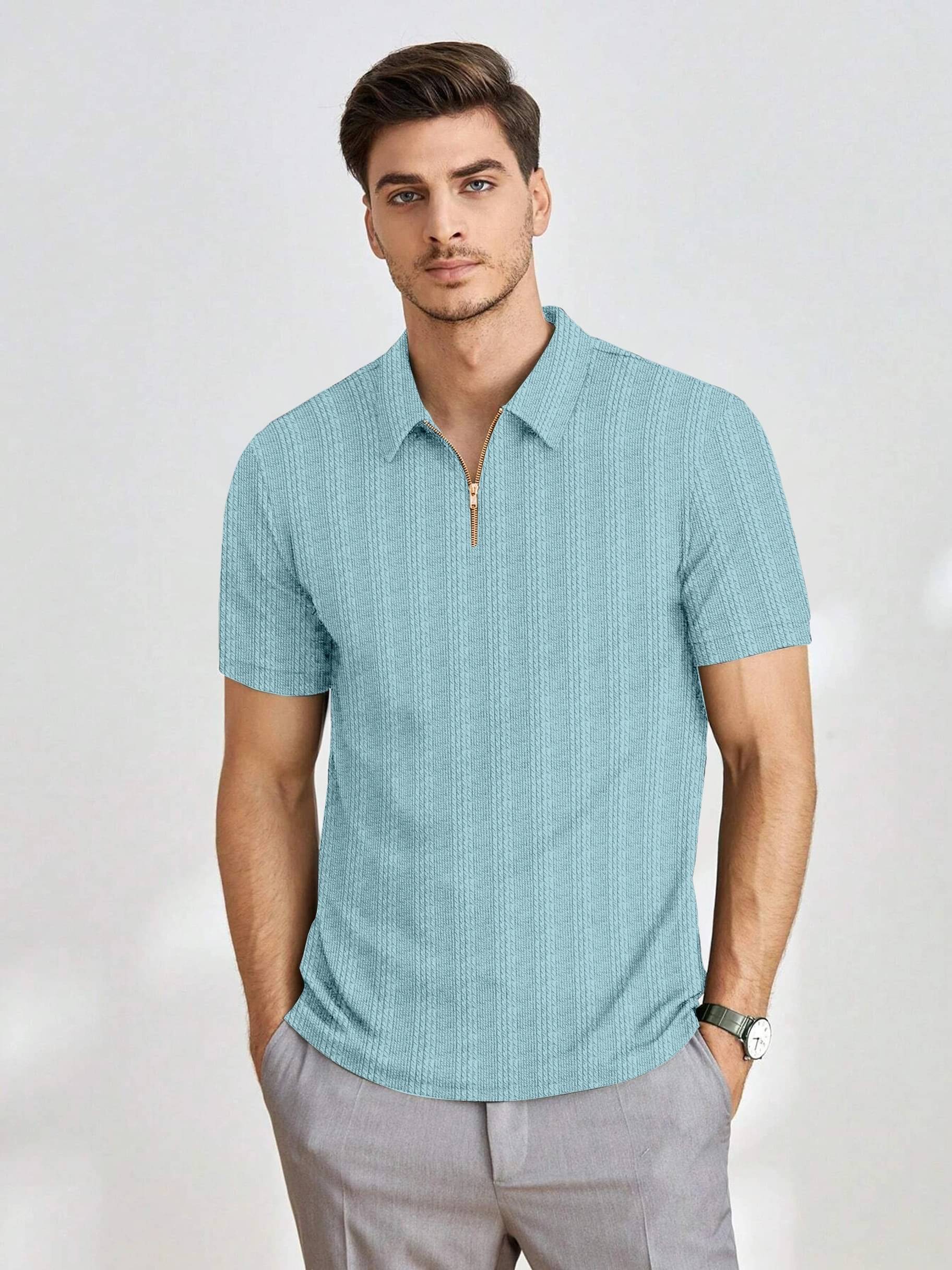     			COMBRAIDED Men Polyester Regular Fit Popcorn Textured Polo T Shirt ( Sky Blue )