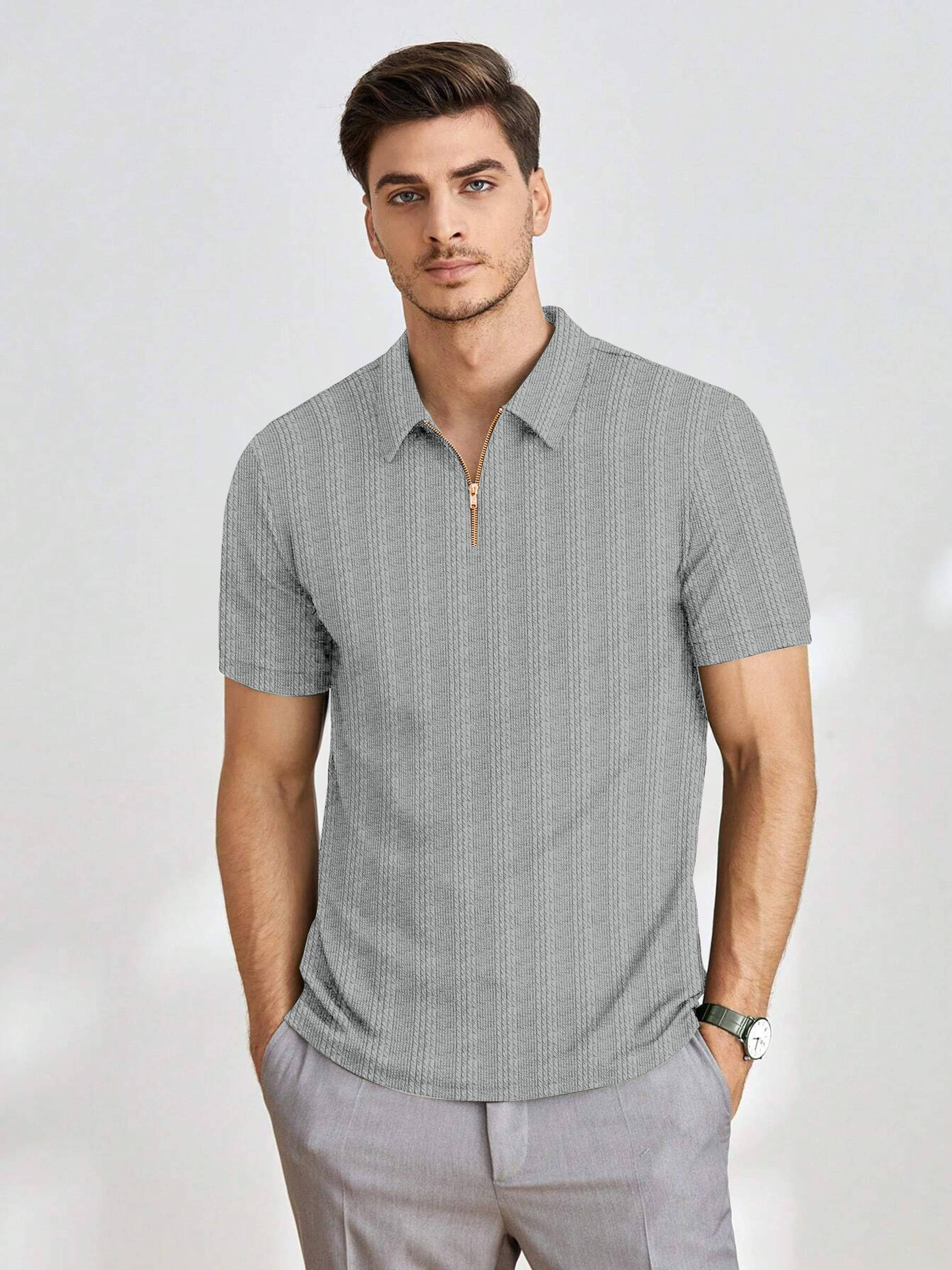     			COMBRAIDED Men Polyester Regular Fit Popcorn Textured Polo T Shirt ( Light Grey )