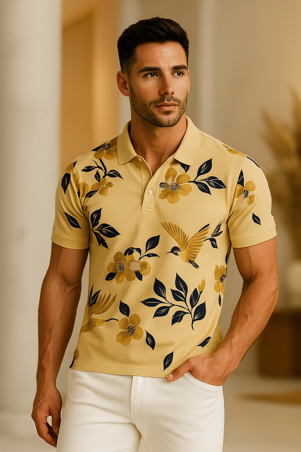 EMERALD APPAREL TRADING Men Cotton Blend Regular Fit Printed Polo T Shirt ( Beige )