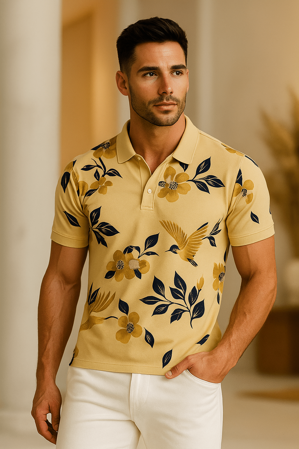     			EMERALD APPAREL TRADING Men Cotton Blend Regular Fit Printed Polo T Shirt ( Beige )