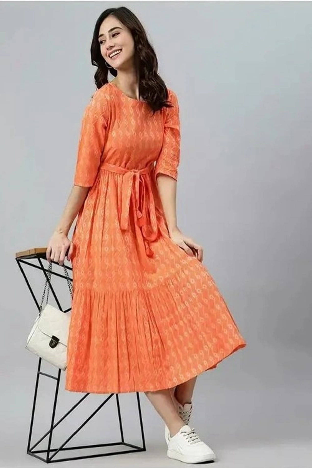     			Frionkandy Women Cotton Printed Fit & Flare Dress ( Orange )