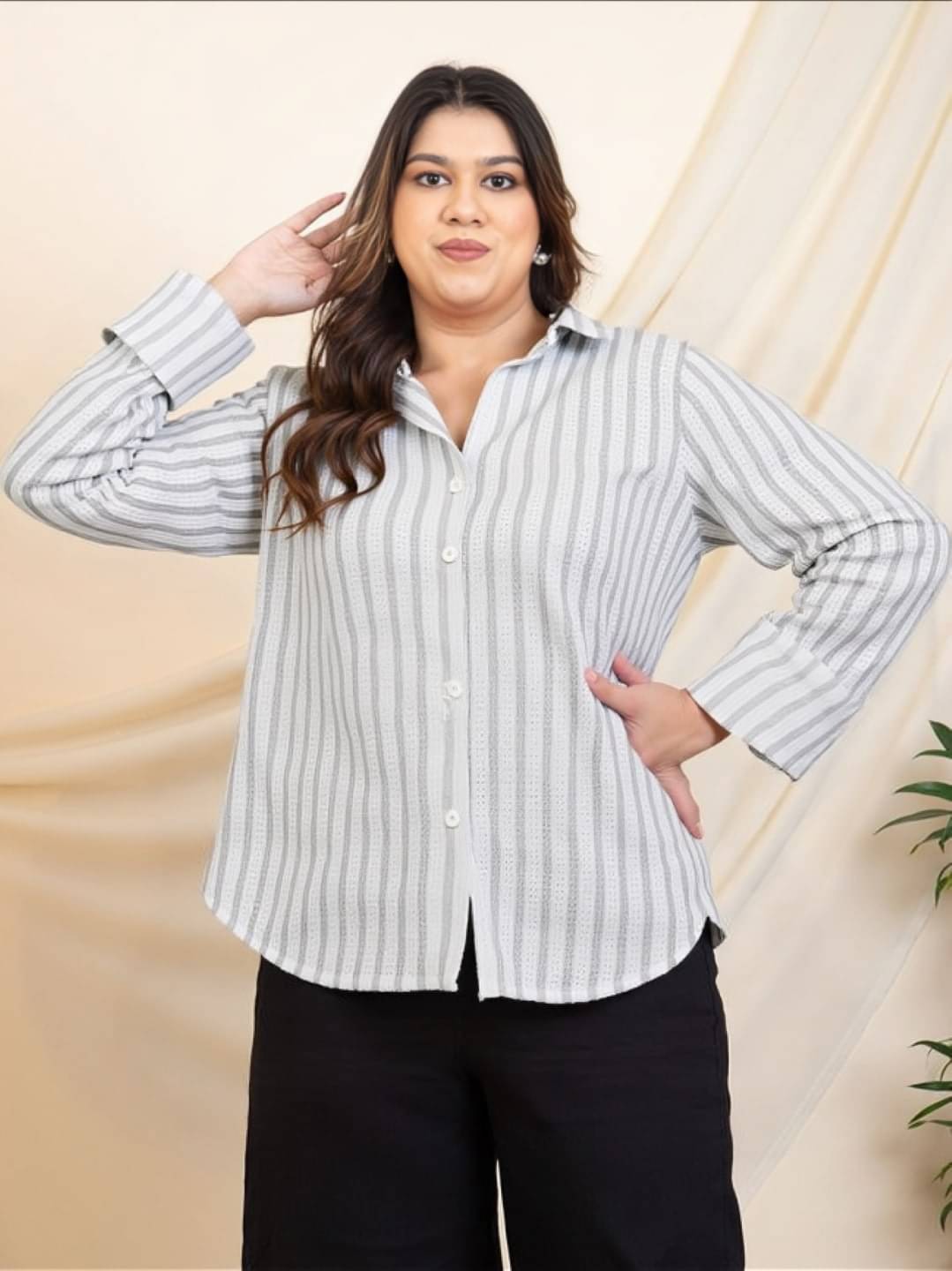 MAYKR Women Striped Cotton Blend Shirt ( Grey ) MAYKR Women Striped Cotton Blend Shirt ( Grey )